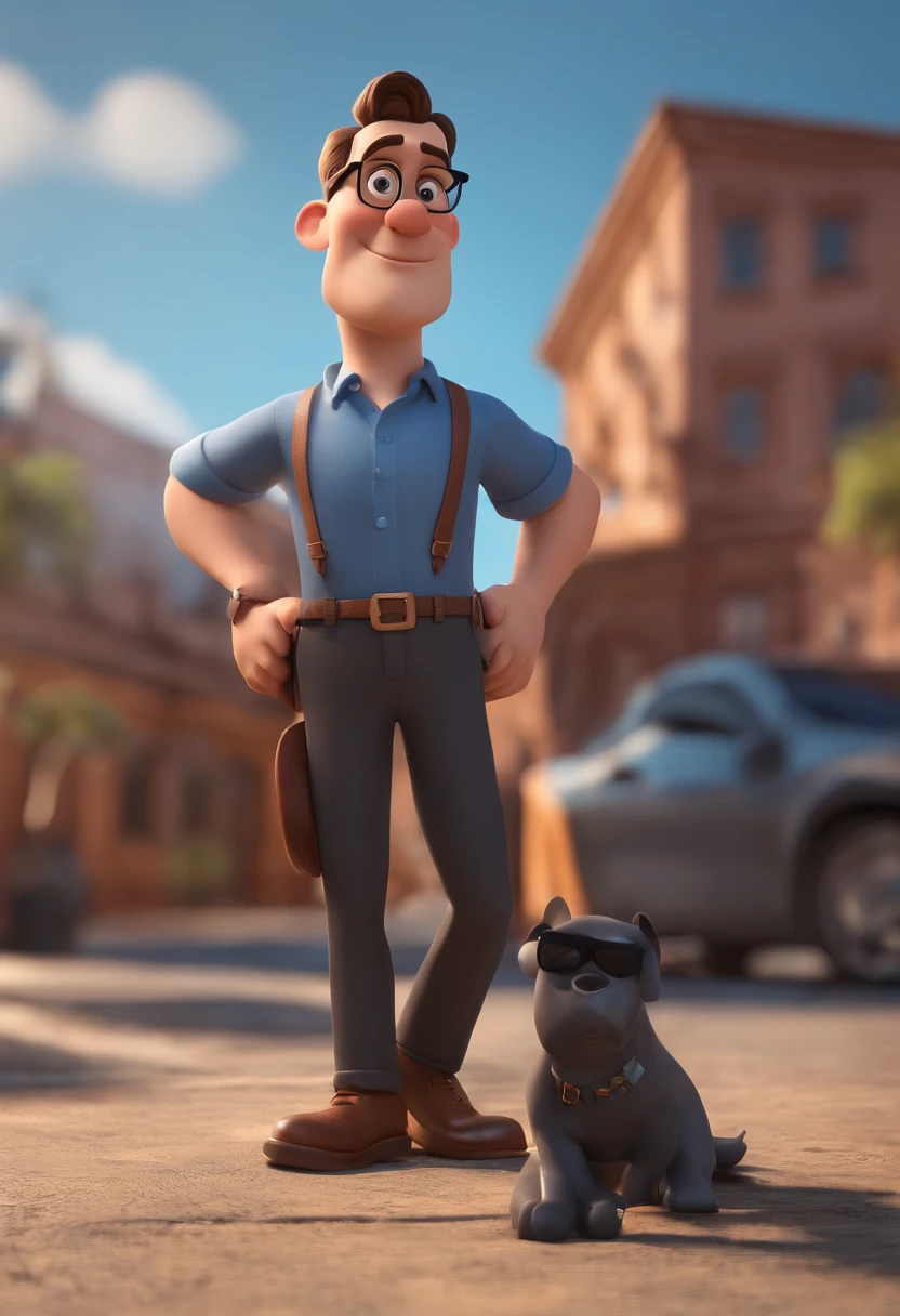 Cartoon character of a man wearing black glasses and a blue shirt, um personagem animado, Caractere estilizado, animation style rendering, 3D estilizado, Arnold Maya render, 3 d render stylized, toon render keyshot, Personagem 3D, Personagem 3D, 3d rendering stylized, 3 d character render, personagem de desenho animado, Personagem de close up, Pose de personagem, (Estilo Pixar) (master part:1.2) (Bokeh) (best quality) (pele detalhada) (textura detalhada) (8k) (argila) (Cinematic lighting) (foco nítido，Senta e vaza a parte superior do corpo