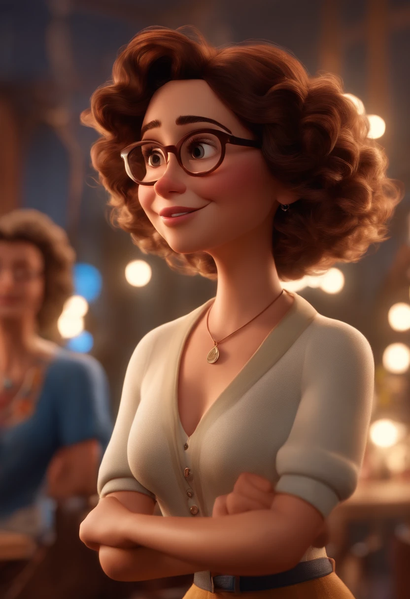 Pixar style image with 3D character white glasses brunette woman short curly hair dancing, Maquiagem Disney,Pescador, bonitinho, sorridente ,Close-up, Pixar, Disney, Cinema lighting,