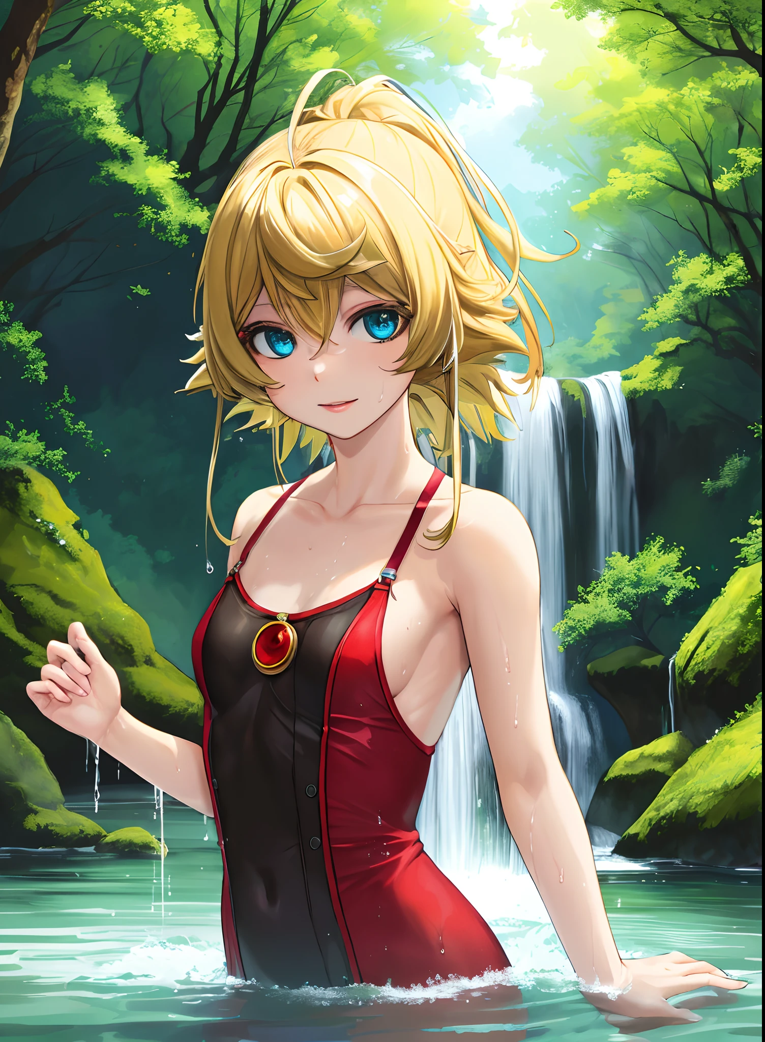 17 years old Women, ((Blonde)), ((Blue eyes)), ((Short hair)), ((Full shot)), very detailed makeup, pale pink lipstick, long earrings, bare shoulders, She is wearing a body suit with a neckline up to the navel, red, with high heels standing in front of a waterfall, the floor is wet