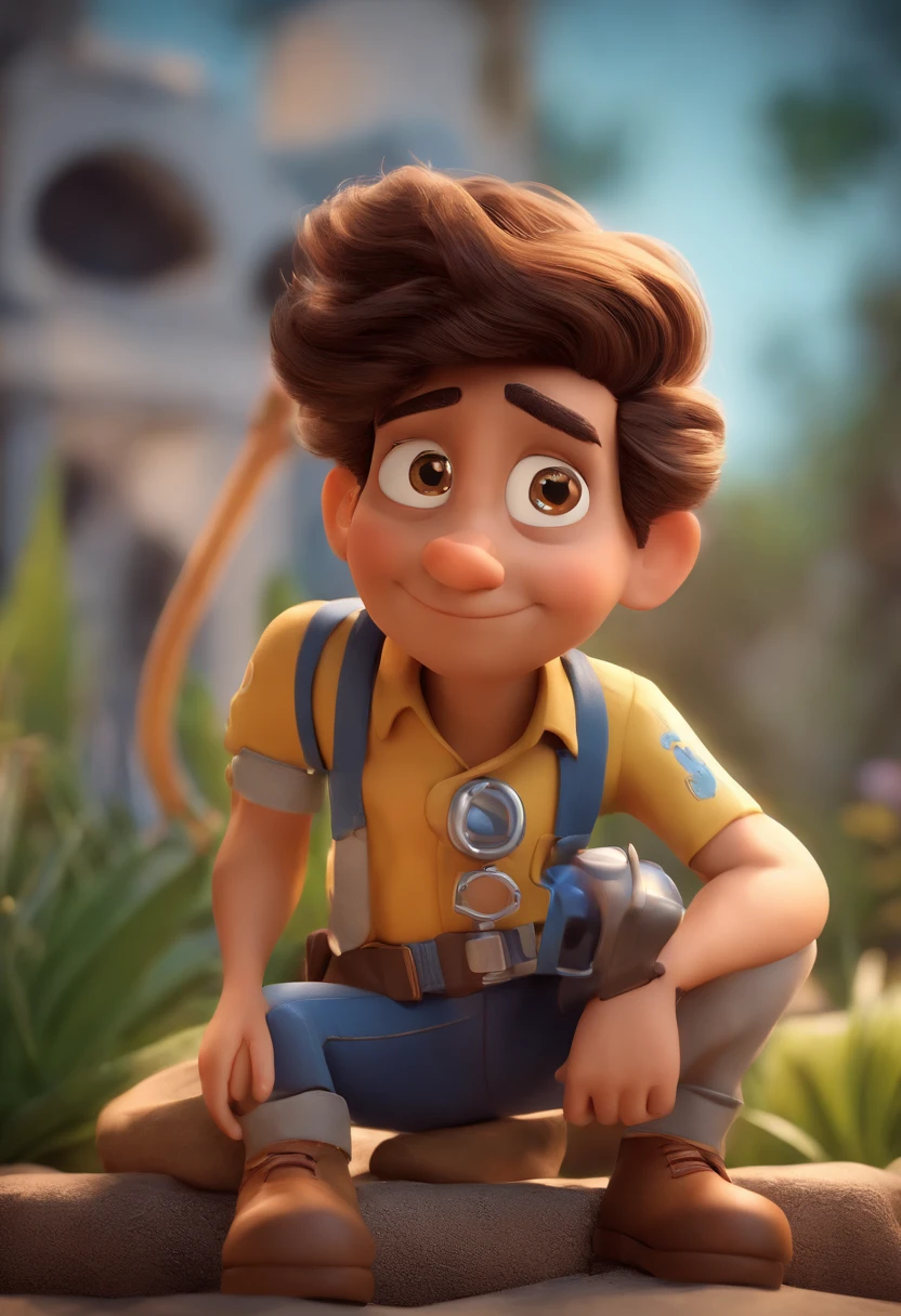 Personagem de desenho animado de um homem olhos castanhos e uma camisa azul, um personagem animado, Caractere estilizado, animation style rendering, 3D estilizado, Arnold Maya render, 3 d render stylized, toon render keyshot, Personagem 3D, Personagem 3D, 3d rendering stylized, 3 d character render, personagem de desenho animado, Personagem de close up, Pose de personagem, (Estilo Pixar) (master part:1.2) (Bokeh) (best quality) (pele detalhada) (textura detalhada) (8k) (argila) (Cinematic lighting) (foco nítido，Senta e vaza a parte superior do corpo, com cabelo bem curto castanho , magro de 19 anos com cavanhaque