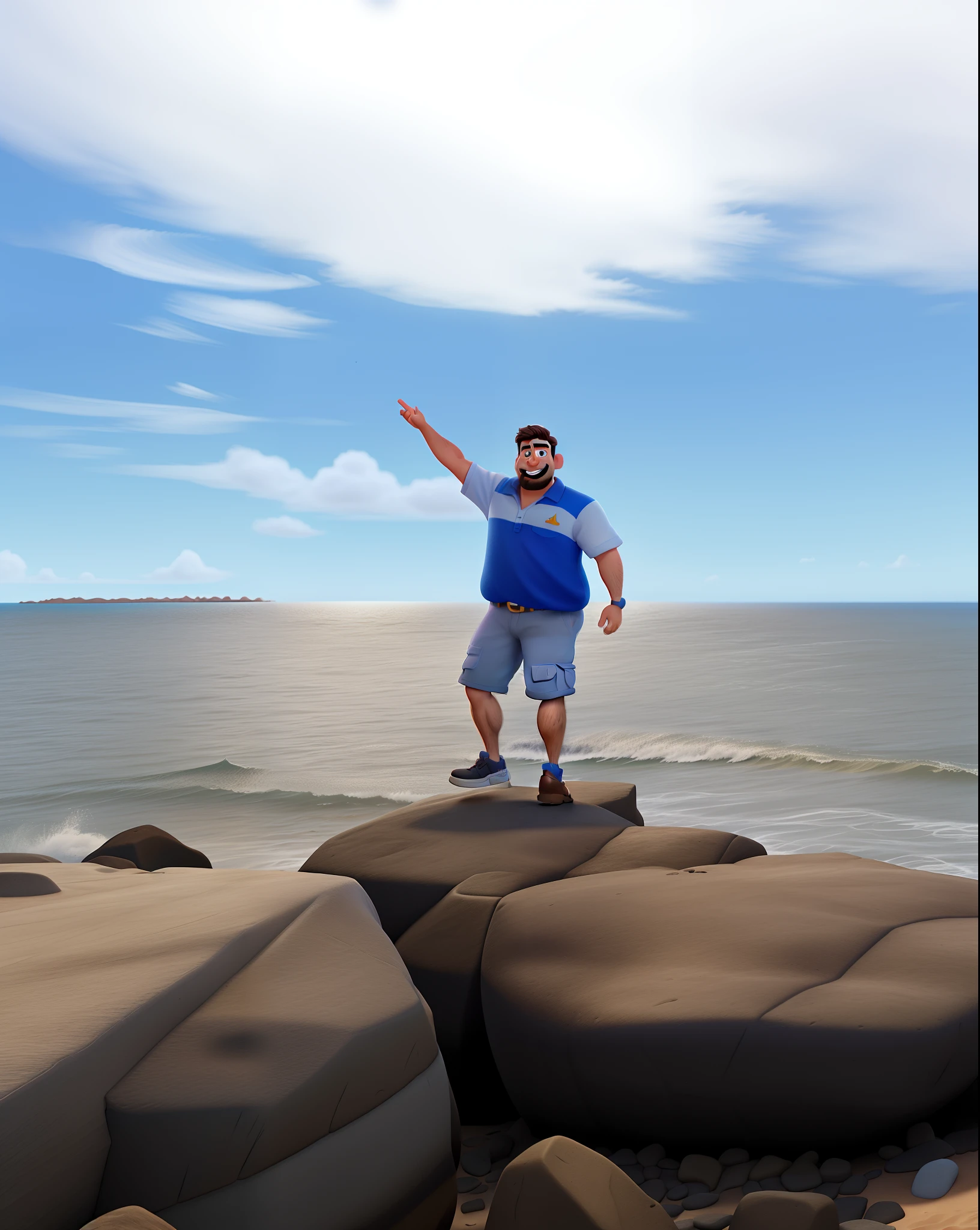 criar imagem estilo disney/pixar o mais realista possivel, homem com bigode e na praia