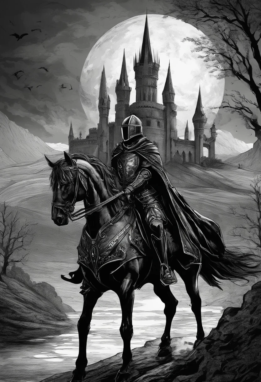 A knight riding towards a castle