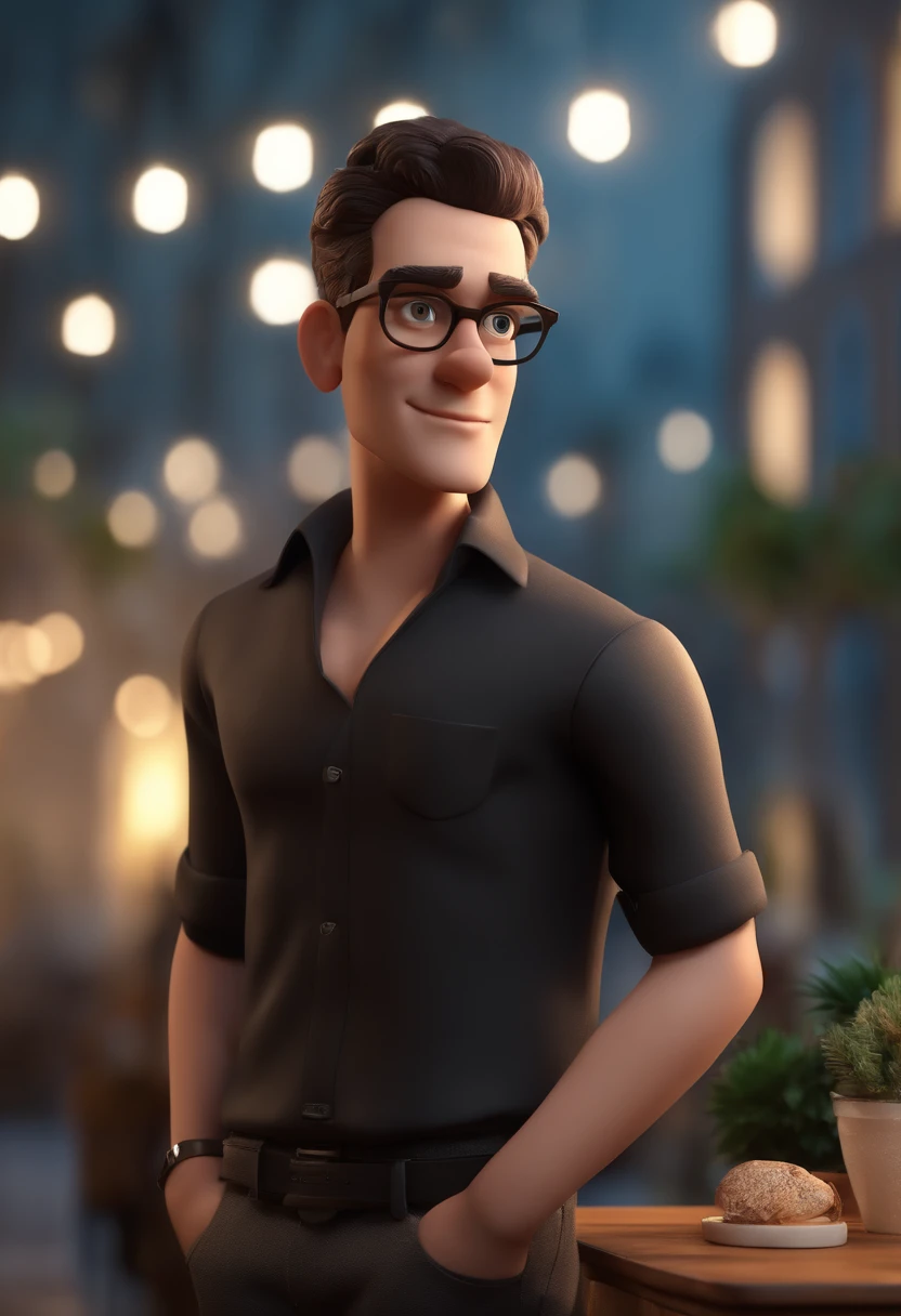 Cartoon character of a young man wearing black glasses and a black shirt, barbudo, um personagem animado, Caractere estilizado, animation style rendering, 3D estilizado, Arnold Maya render, 3 d render stylized, toon render keyshot, Personagem 3D, Personagem 3D , 3d rendering stylized, 3 d character render, personagem de desenho animado, Personagem de close up, Pose de personagem, (Estilo Pixar) (master part:1.2) (Bokeh) (melhor qualidade) (pele detalhada) (textura detalhada) ( 8k) (argila) (Cinematic lighting) (foco nítido,Senta e vaza a parte superior do corpo