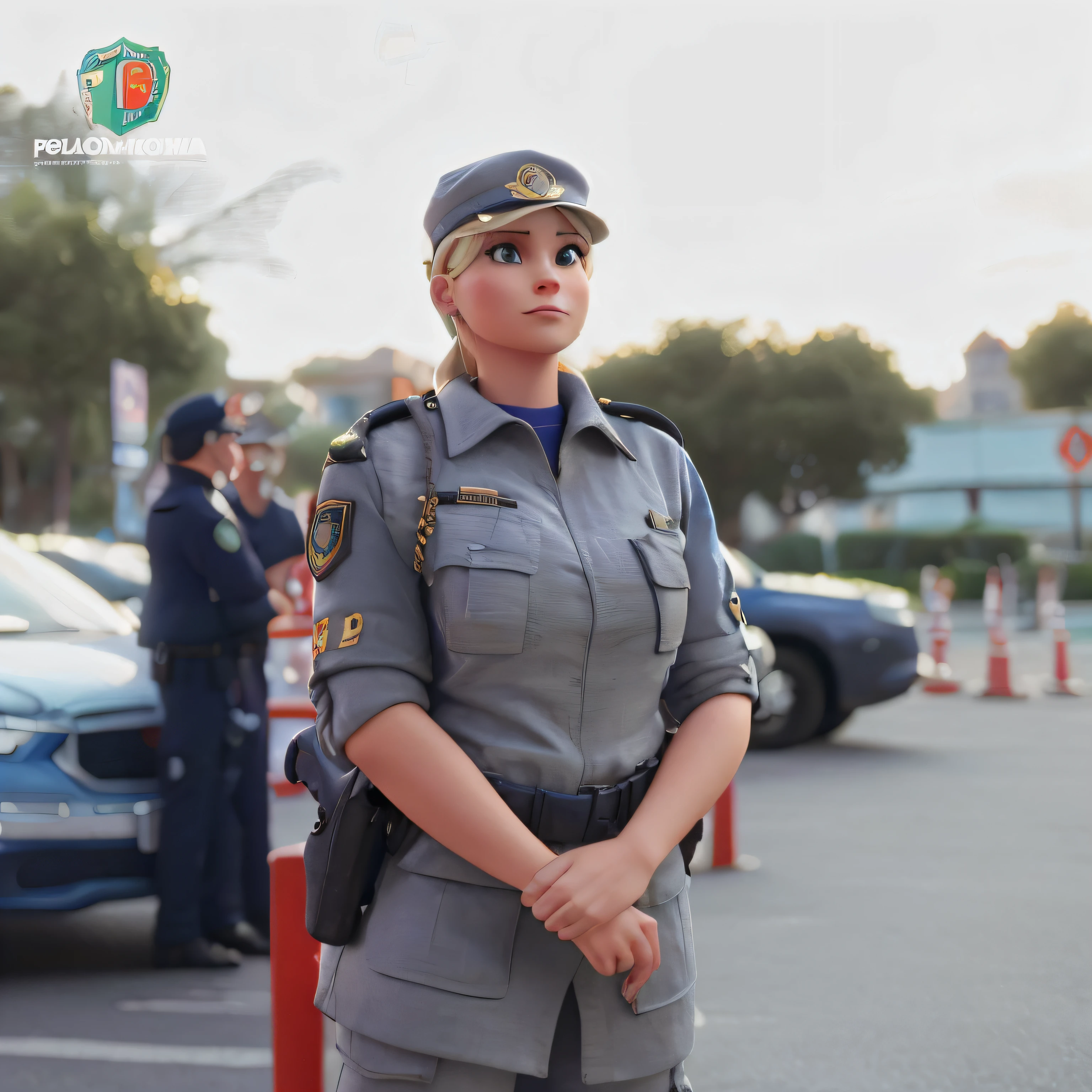 crie uma personagem policial mulher muito linda, cor da farda marrom claro, Blonde woman with crossed arms in the background of a beautiful city, 3d, Disney, Pixar, 8k, detalhes em profundidade