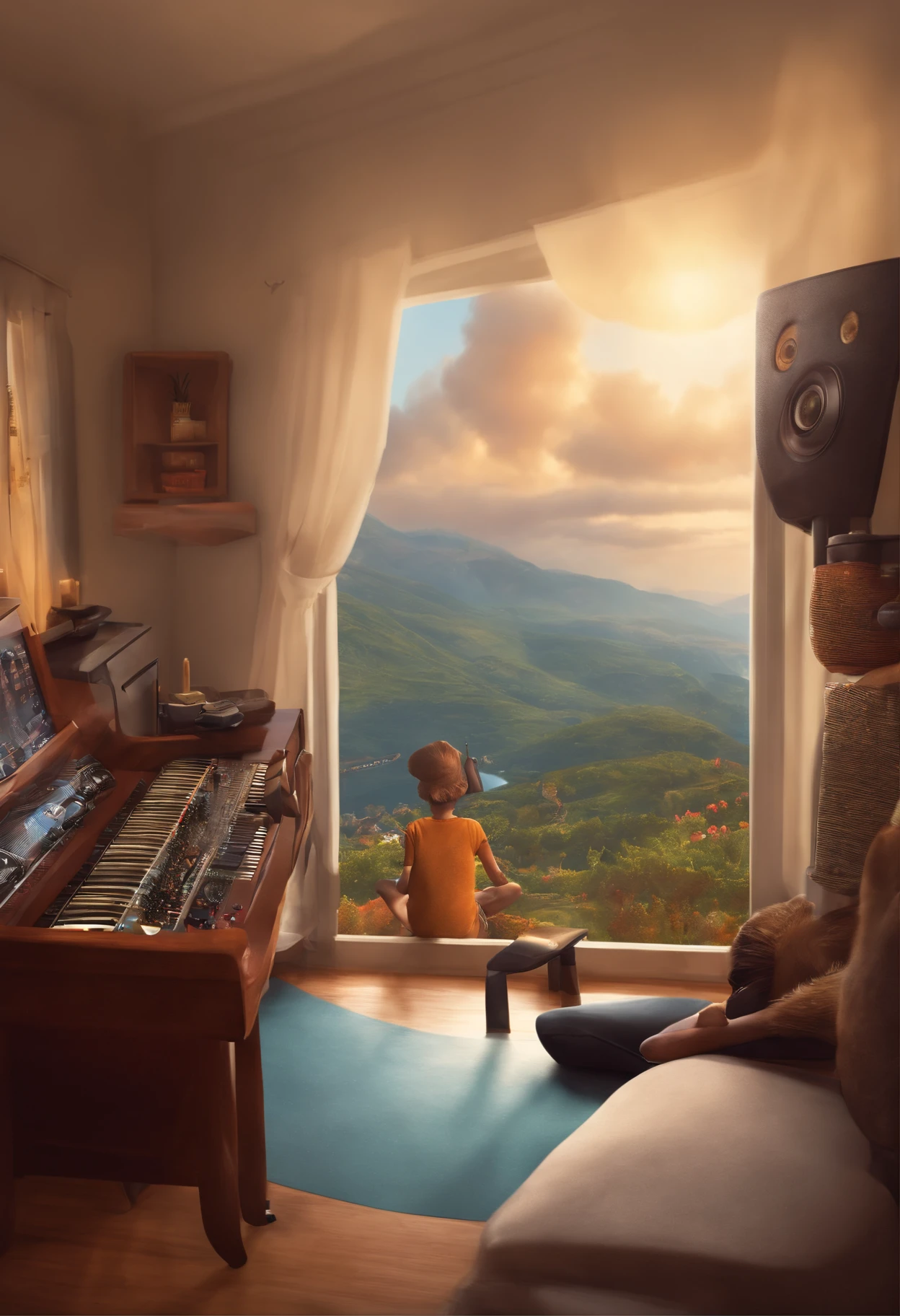 um homem, em breve, barba curta, olhos castanhos, com fones de ouvido, A music studio in the background, Imagem no estilo Pixar, Estilo de filme animado 3D, Disney, camiseta preta