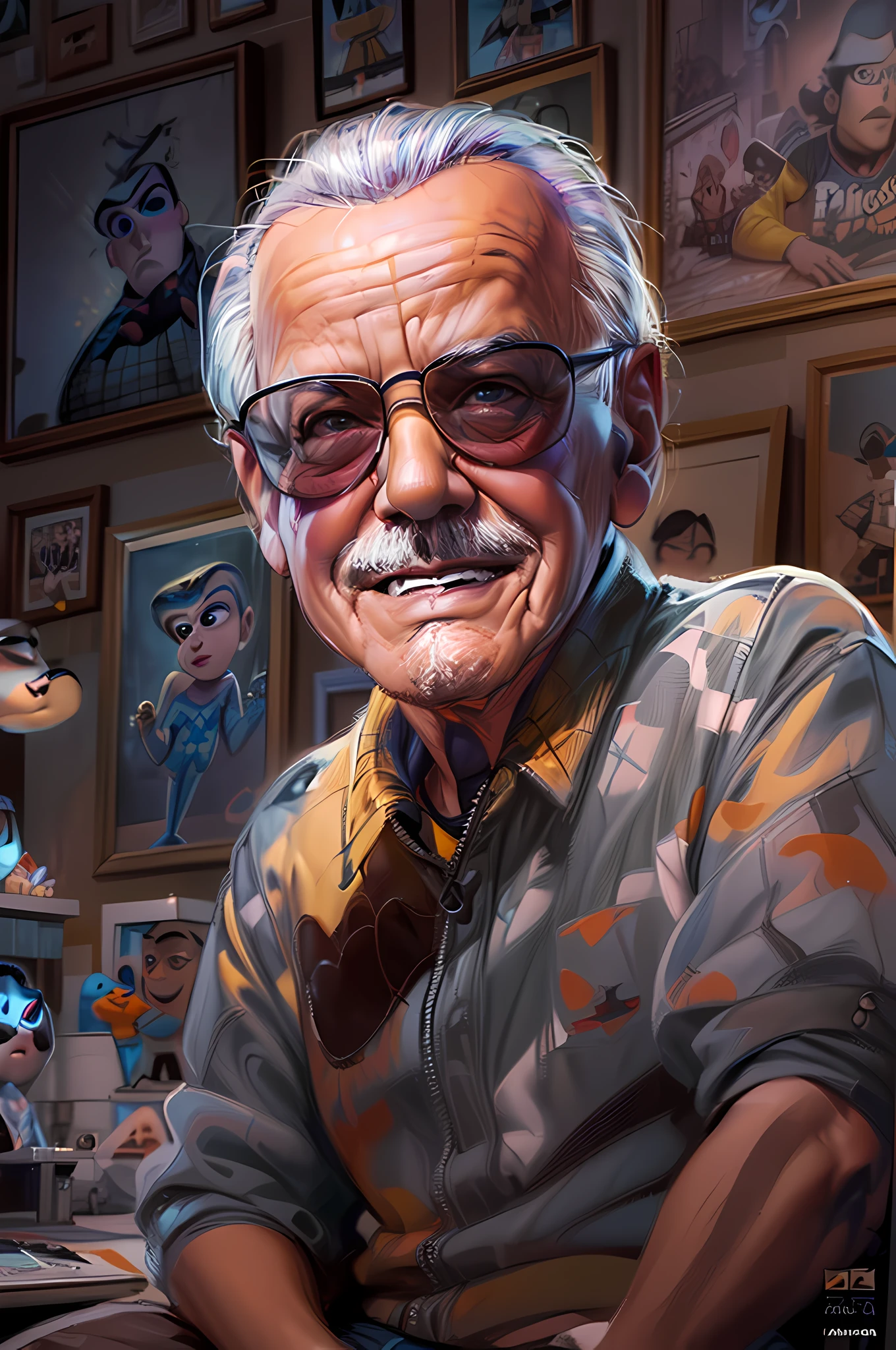 a portrait (Pixar art:1.5) of (Stan Lee: 1.3), sitting in his work room working on his next project, florescent light, famous Marvel Comics characters painted on the walls,  animation study room background, ultra detailed, Masterpiece, best quality, photorealistic, pixarstyle