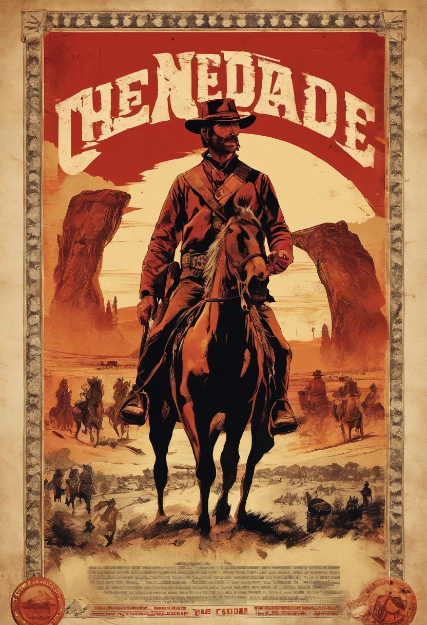 《red dead redemption 2》Foto de corpo inteiro do Tenente-Sargento Curtis Malloy, retrato detalhado, vintage illustration, alta resolução, cores realistas, desenho intrincado, Textura de papel envelhecida, cores vibrantes, dramatic lighting, tiro de corpo inteiro, Boné de Nevada, Just mustache, Todo o corpo, from feet to top;. Antecedentes de cidades no leste dos Estados Unidos em 1899, There are grasses and trees,em uma pequena cidade