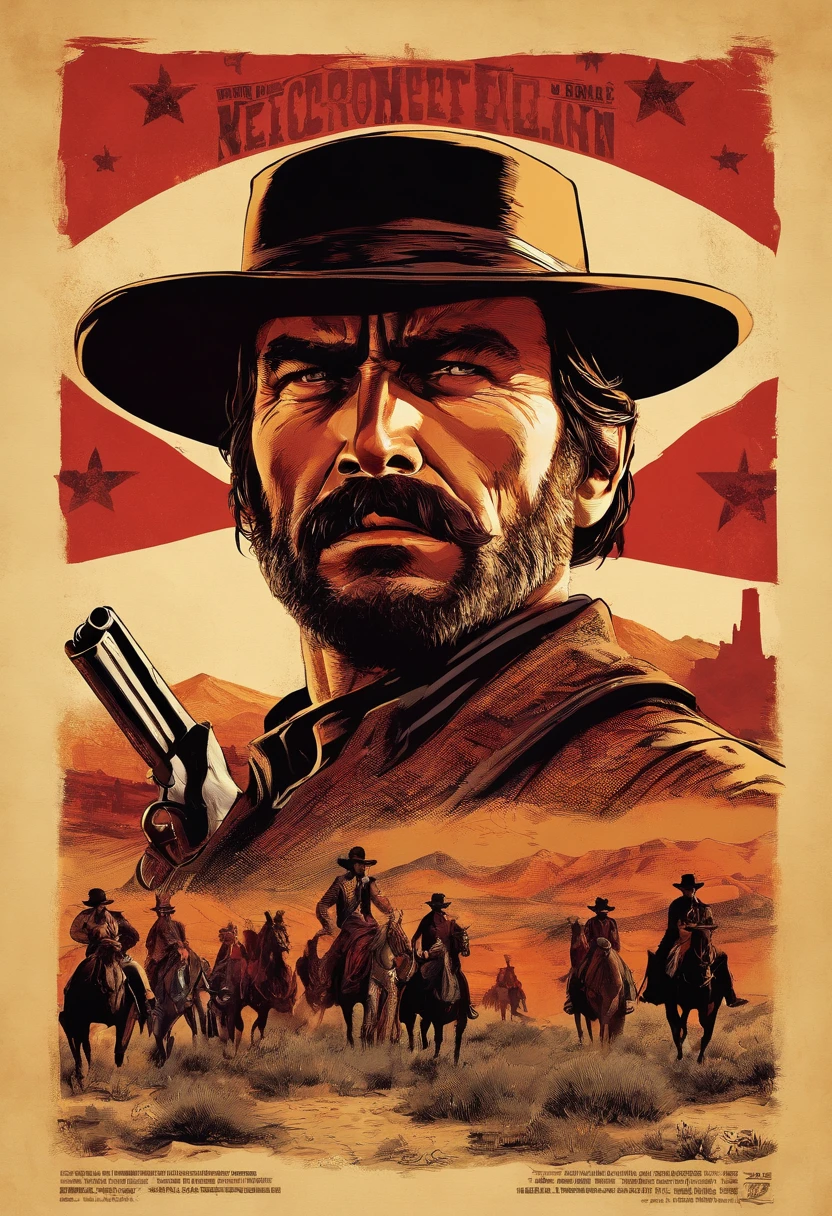 《red dead redemption 2》Foto de corpo inteiro do Tenente-Sargento Curtis Malloy, retrato detalhado, vintage illustration, alta resolução, cores realistas, desenho intrincado, Textura de papel envelhecida, cores vibrantes, dramatic lighting, tiro de corpo inteiro, Boné de Nevada, Just mustache, Todo o corpo, from feet to top;. Antecedentes de cidades no leste dos Estados Unidos em 1899, There are grasses and trees,em uma pequena cidade