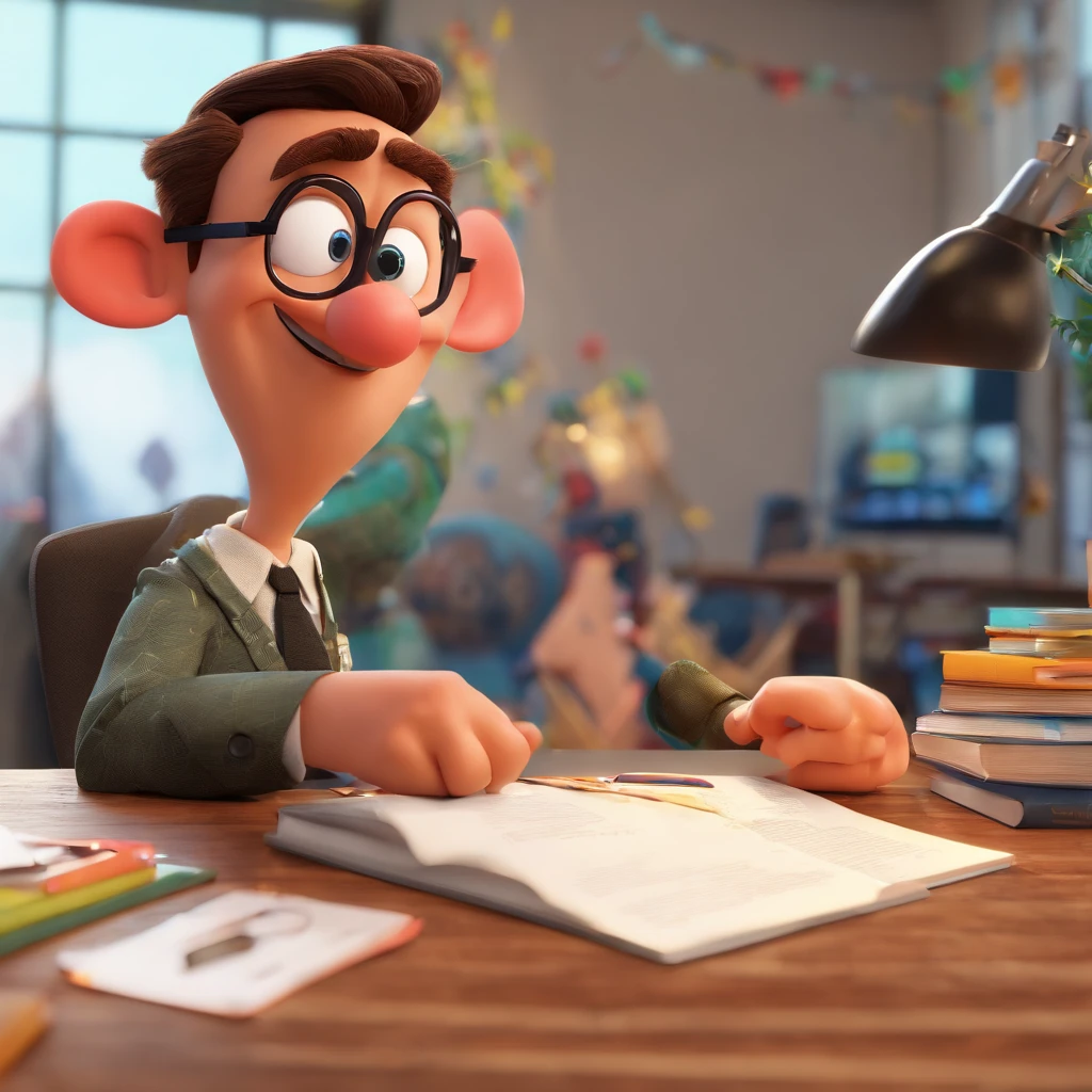 Crie um cartaz inspirado na Disney Pixar com o personagem sendo o pastor Rubens Janier, Um homem de cabelos castanho, palitor preto e gravata vermelha, 40 anos, In an office with a book on the table, Olhando para frente e sorrindo, animation style rendering, 3D estilizado, rendering by Arnold Maya, stylized 3D rendering, Keyshot Toon Rendering, personagem 3D, personagem 3D, 3d rendering stylized, 3D character rendering, personagem de desenho animado, Personagem em close, Pose de personagem, (Estilo Pixar) (Obra-prima: 1.2) (Bokeh) (best quality) (pele detalhada) (textura detalhada) (8k) (argila) (Kinematic Lighting)