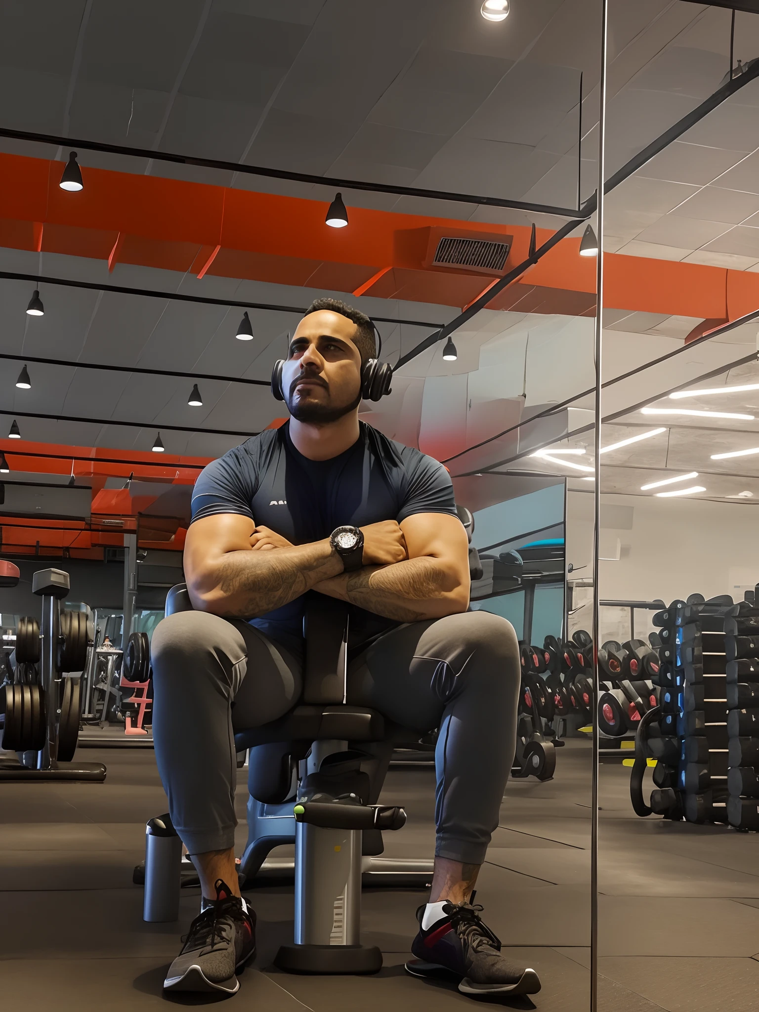 Arafed man sitting on a gym bench in a gym, em uma academia, malhar, sentado em um trono de metal, # Oc, #Oc, sentar-se casualmente, in a menacing pose, sentado no trono, local gym, Tomado com Sony Alpha 9, tirado no iphone 14 pro, com fones de ouvido, sentado em frente a um microfone