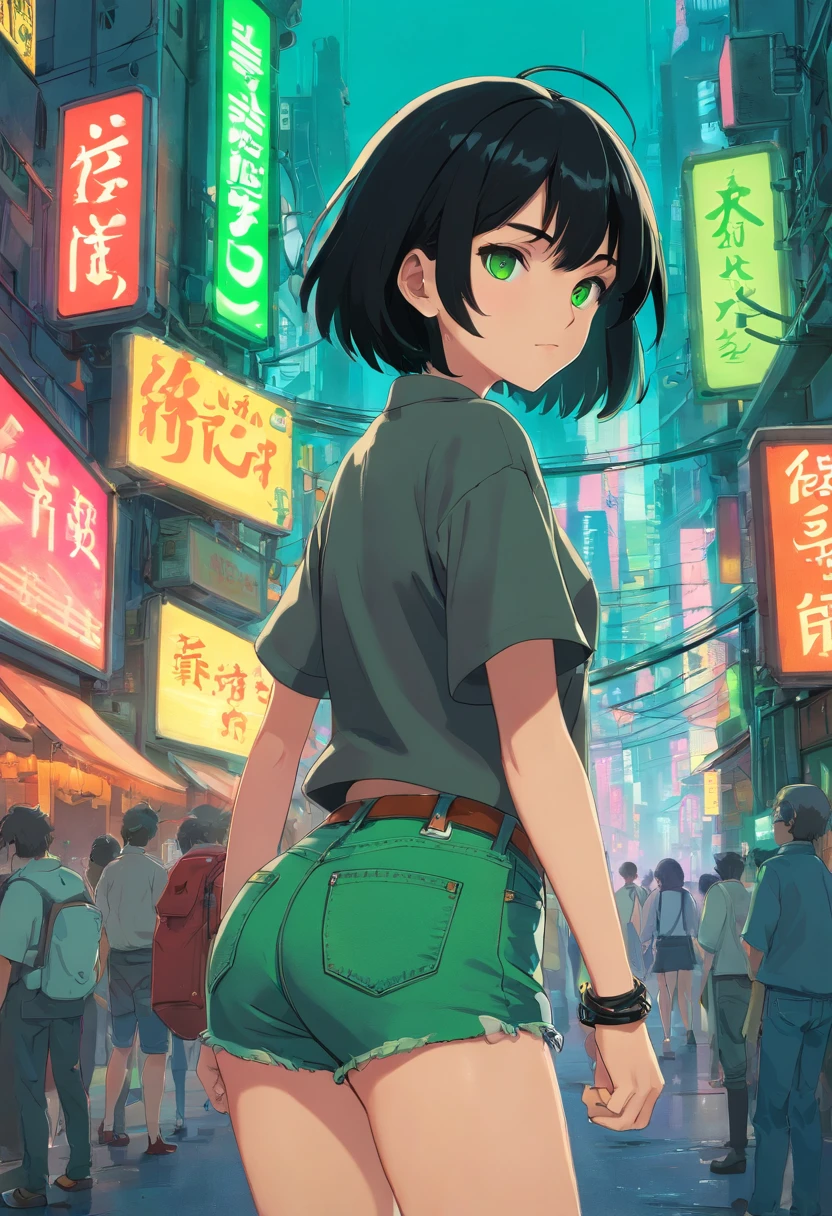 1girl, (masterpiece), black hair, short hair, green eyes, Black Cropped, short jeans, cyberpunk city,