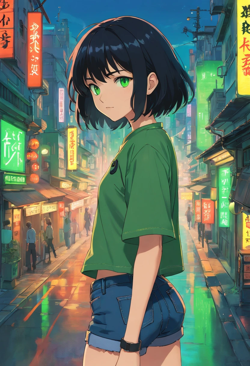 1girl, (masterpiece), black hair, short hair, green eyes, Black Cropped, short jeans, cyberpunk city,