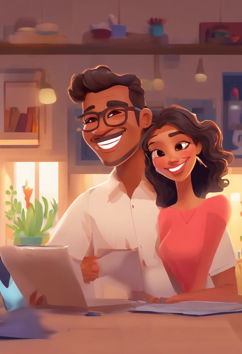 An illustration of an adorable couple, Highlight for a chubby mulatto man with glasses smiling and a brunette woman with beautiful expressive eyes - the man's skin is mulatto and the man's hair haswhile the woman's skin is black and the woman's hair is straight and brown. They are a bright room, cada um com um sorriso no rosto, e compartilhar um momento especial caracterizado pelo amor, Insights. Illustrate this scene from a perspective where they are facing the camera, Smiling and Showing Your Connection. Desenvolva esta arte em Full HD, Focus on your cinematic touch, Estilo Disney Pixar Animations