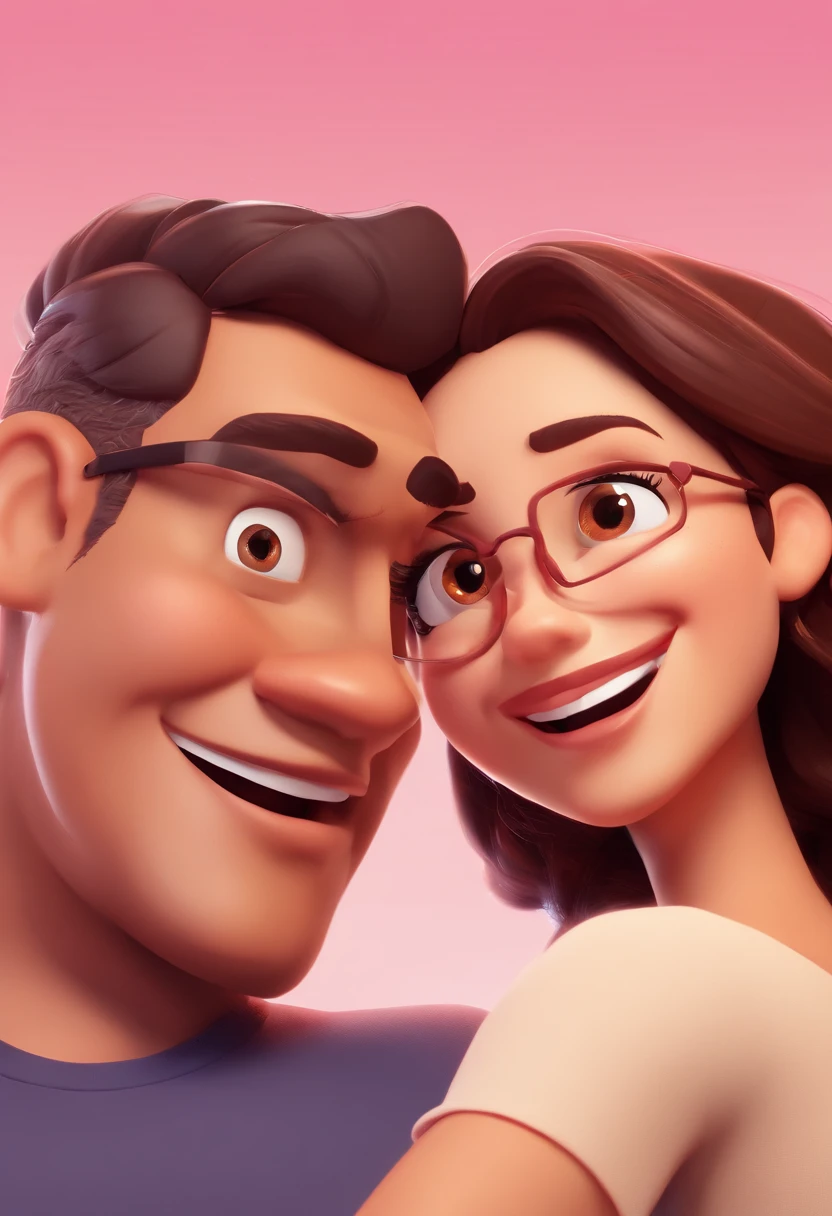 An illustration of an adorable couple, Highlight for a chubby mulatto man with glasses smiling and a brunette woman with beautiful expressive eyes - the man's skin is mulatto and the man's hair haswhile the woman's skin is black and the woman's hair is straight and brown. They are a bright room, cada um com um sorriso no rosto, e compartilhar um momento especial caracterizado pelo amor, Insights. Illustrate this scene from a perspective where they are facing the camera, Smiling and Showing Your Connection. Desenvolva esta arte em Full HD, Focus on your cinematic touch, Estilo Disney Pixar Animations