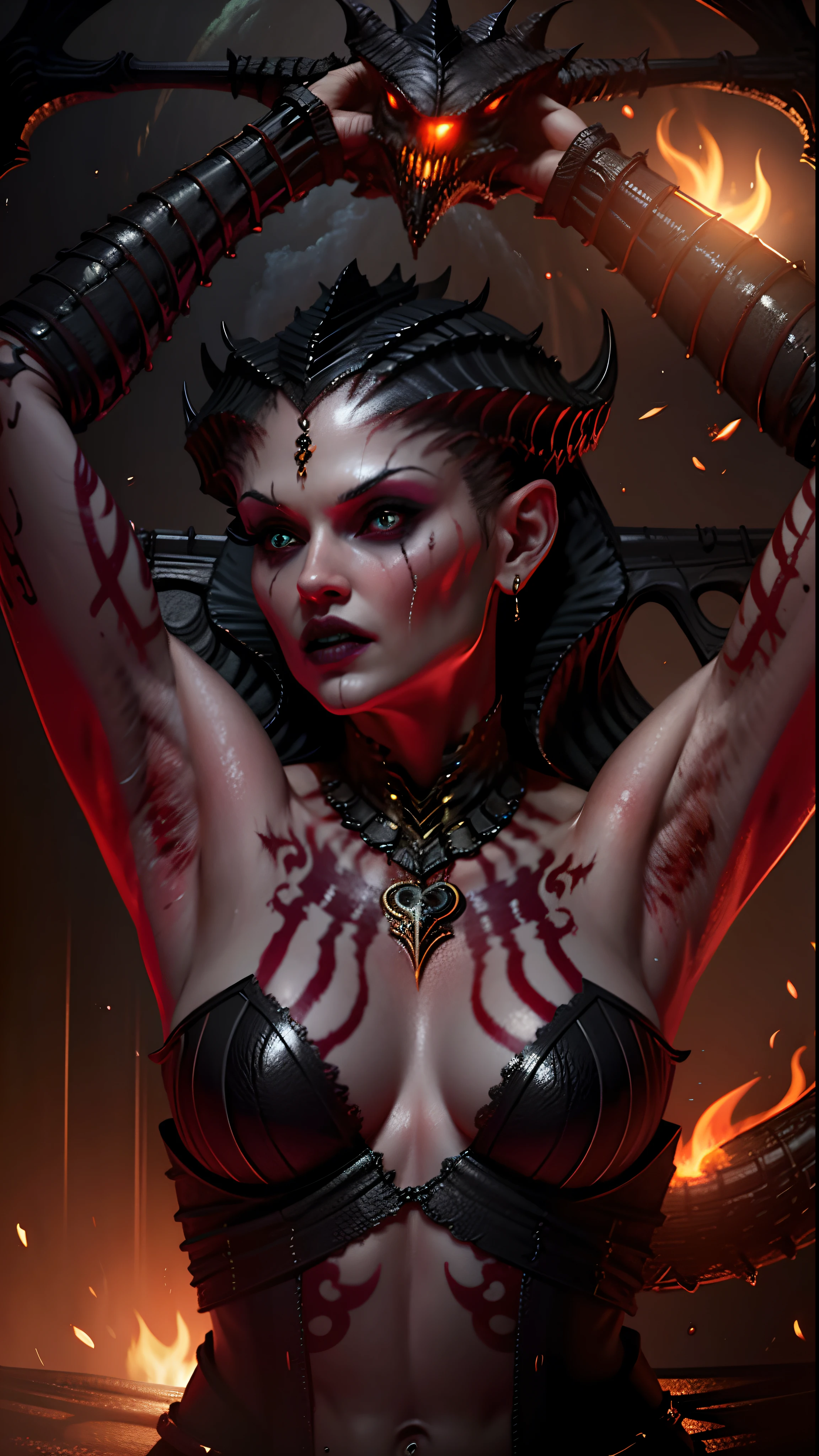 A lilith in the style of D14bl0 dramatic lights red leeches fire cinematic blood, big natural breast,
