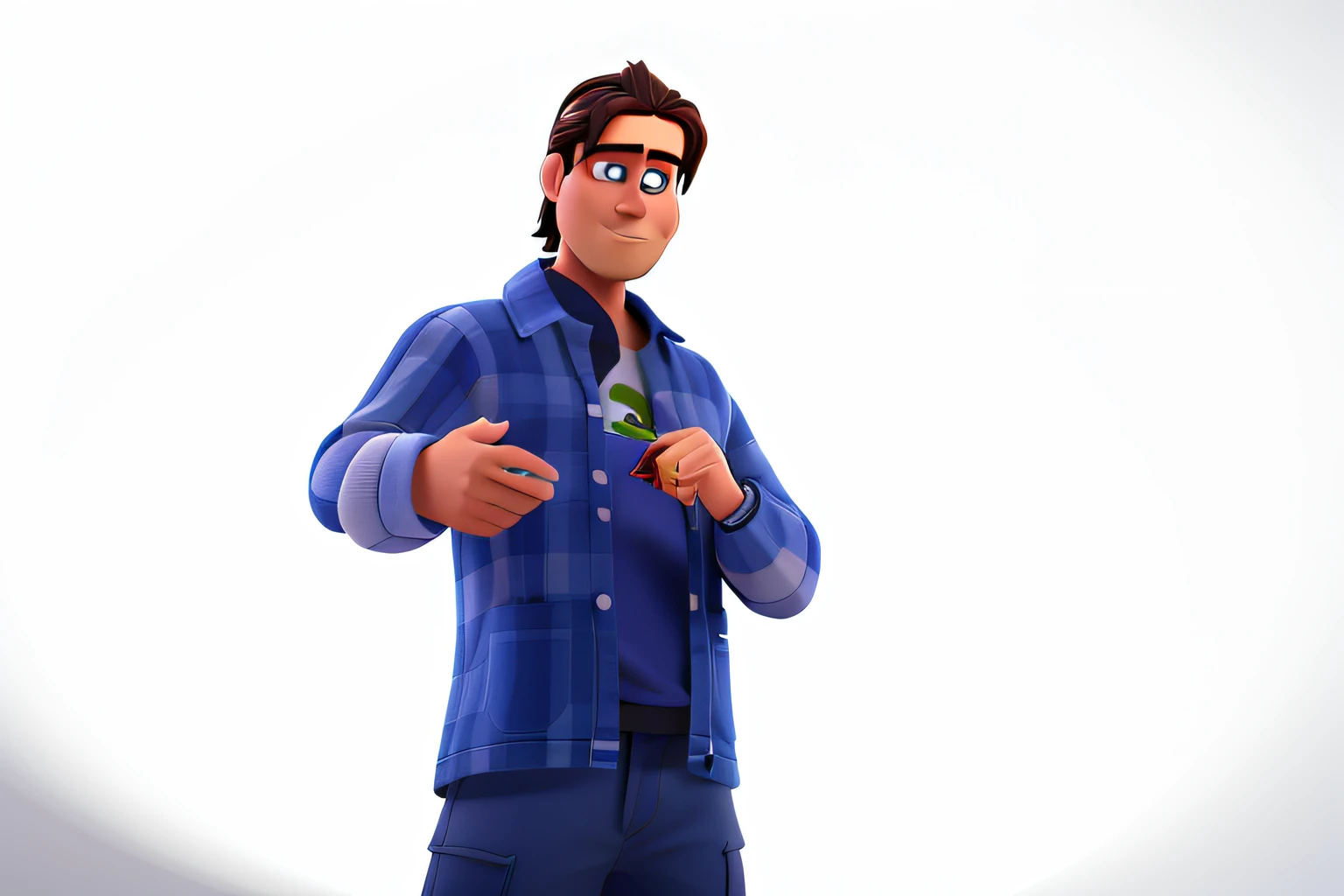 um homem cabelo liso caindo no rosto, estilo 3d Pixar, olho pequeno, nariz pequeno, alta qualidade, maior qualidade