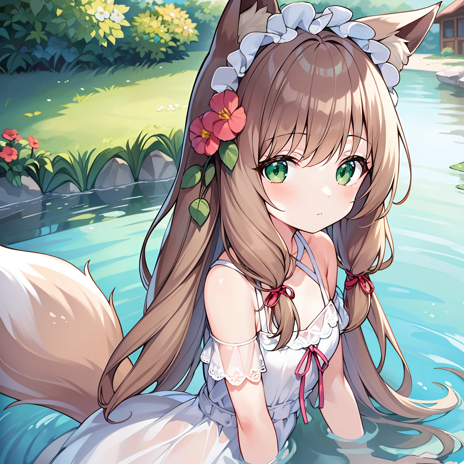 (Masterpiece, Best quality, high resolution), 1girll, Solo, Oversized fox tail，Long brown hair，Green eyes，Small flower headdress, (13-year-old junior high school student)，Modern architecture，(blushing:1.3),Showing , , pink ,visible ,wet body , milf,