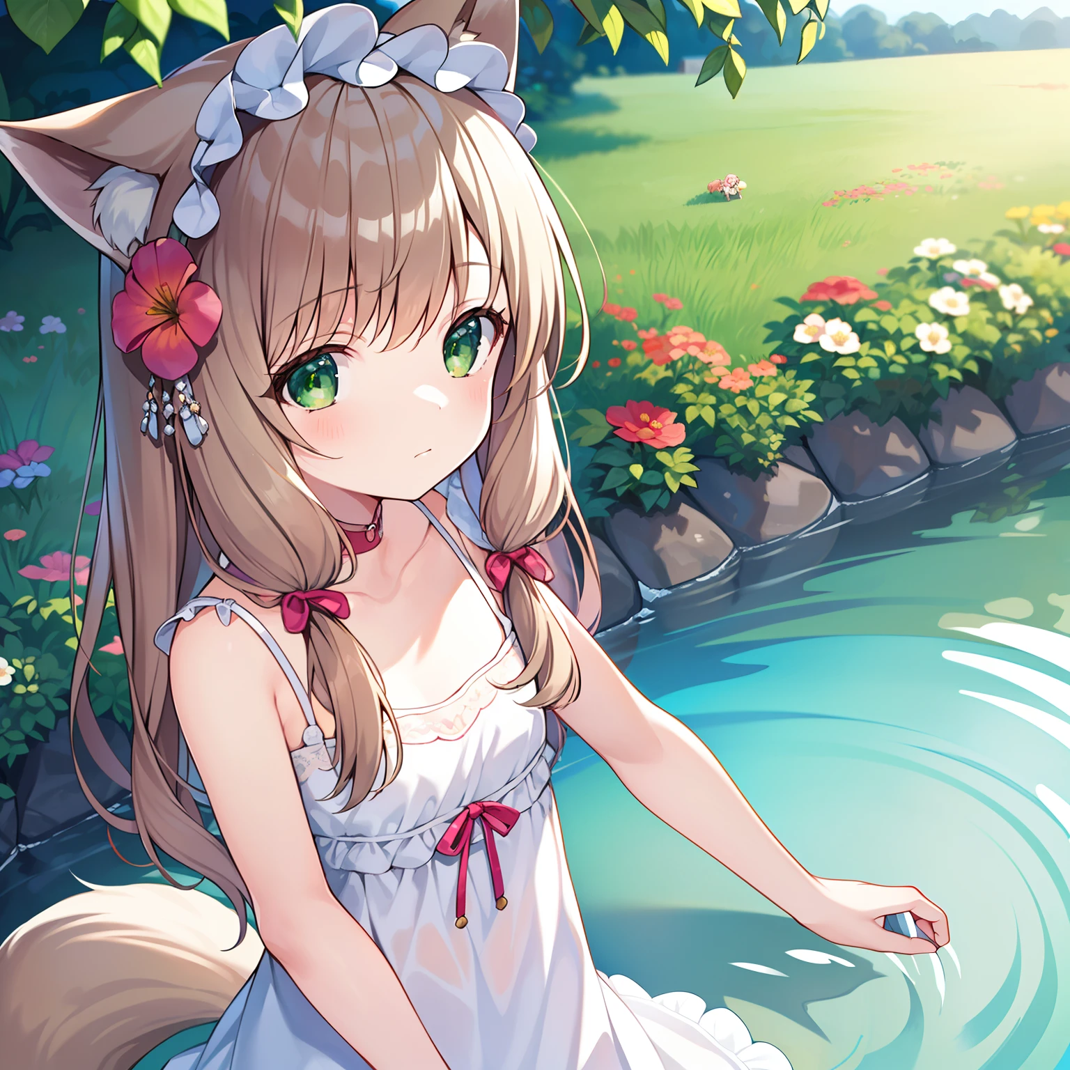 Masterpiece, Best quality, high resolution, 1girll, Solo, Oversized fox tail,(Long brown hair),Green eyes,Small flower headdress, (9 _Cute loli),Modern architecture,In the country_small stream,Girl playing in the water,wears a white dress,seen from the front,Close-up of upper body,