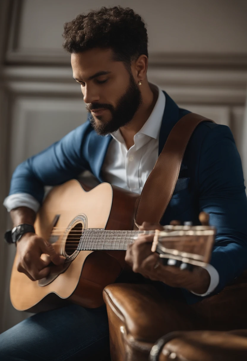 crie um banner no estilo Pixar. A man with Brazilian features, branco pardo com cabelos curtos, Castanhos escuros, com topete , por volta dos 35 anos, usando uma camiseta preta e blazer azul claro, Wearing jeans and holding a classical guitar and a bible next to him with watch on his wrist.