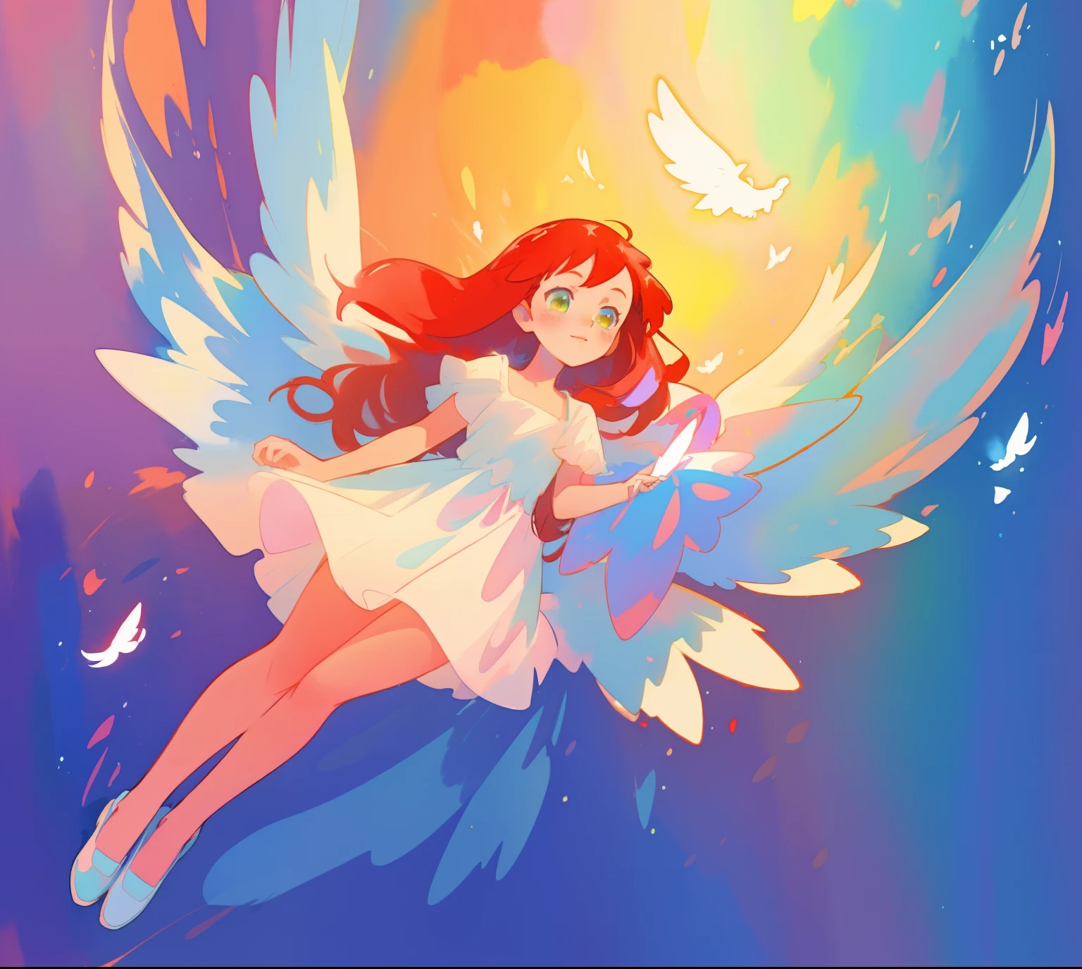 beautiful angel girl in white flowing dress, colorful angel wings, vibrant pastel colors, long flowing brown red hair, colorful fantasia background, watercolor illustration, disney art style, beautiful digital illustration, beautiful, masterpiece, best quality, anime disney style, beautiful face