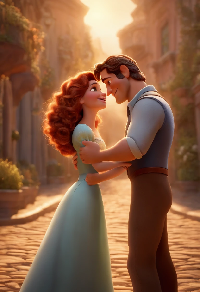 Disney Pixar style poster of a man and a woman embracing, sorridentes, a mulher com rosto retangularr e boca grande e cabelos lisos e castanhos abaixo do ombro. O homem sorridente com cabelos no estilo de Mark Zuchkberg, NO ESTILO disney pixar, EM PRIMEIRO PLANO. e em segundo plano uma loja de carros usados com o nome na fachada "STRADA VEHICLES"ultra realista 8k CG, master part, ((fundo ultra detalhado, delicate pattern, detalhes intrincados)), melhor qualidade, detalhes intrincados, chromatic aberration, 1girl, cabelos longos, cabelos dourados, messy hair, Destaques vermelhos, cabelo sobre um olho, sharp eyes, Gargantilha, parede de tijolos, grafity, dim lighting, beco, Camisa Oversized,fora do ombro, see through the white shirt, master part, melhor qualidade