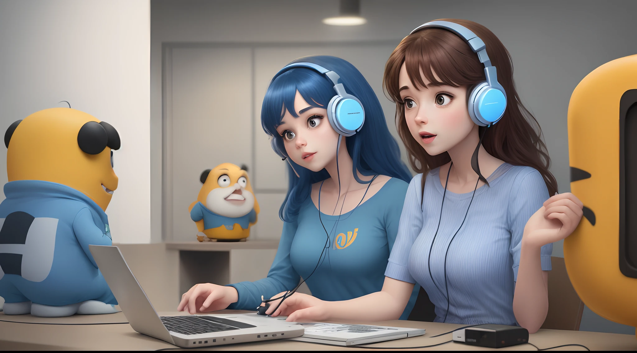 Personagens Pixar trabalhando em uma empresa de tecnologia, with technical area and commercial area using headphones, vestido de camisa social azul clara.