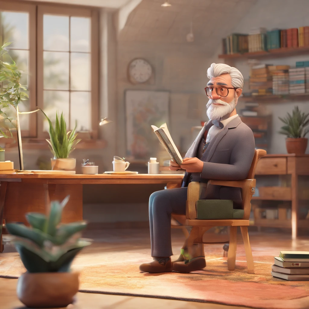 Crie um cartaz inspirado na Disney Pixar com o personagem sendo o pastor Rubens Janier, A gray-haired man wearing glasses, in an office with the book Half of Me, de Valmir Basso, sobre a mesa