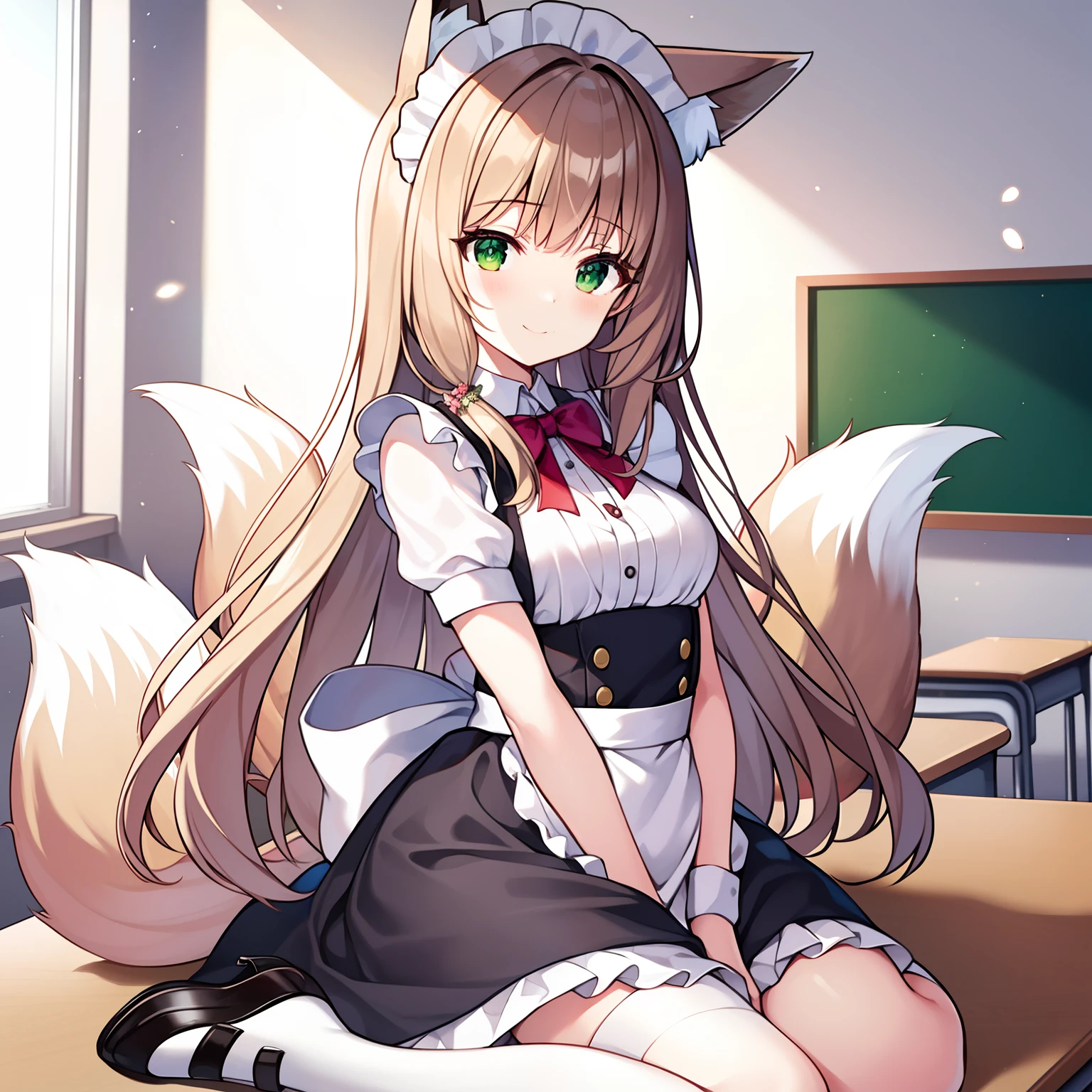 tmasterpiece,best qualtiy,A high resolution,1girll, Solo, (8K wallpaper), (Long brown hair),(Huge fox tail:1.2),Green eyes,Small flower headdress,16-year-old girl_C cup,Modern architecture,(In the classroom_Cultural celebrations_Maid coffee theme),Elegance,Wearing a maid outfit_white stockings,ssmile,From a positive perspective,