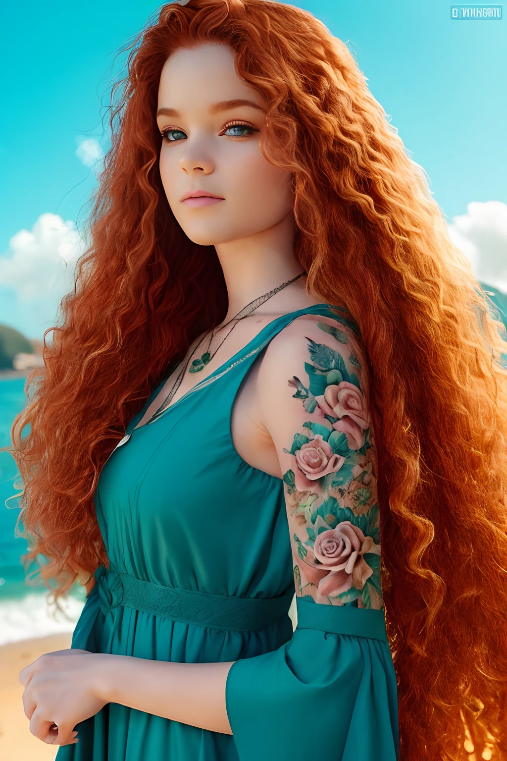 qualidade absurda. natural  lightting. hiper-realismo. Fantastic illustration. Redhead girl with long curly hair and rose tattoos on shoulders and forearms, vestindo vestido branco, pentagram pendant on neck. Ela tem um olho de cada cor: Verde o direito, azul o esquerdo. estilo bruxa, heathen, Celta, na proa de um barquinho que cruza um rio envolto em brumas. Estilo medieval, former Scotland, Avalon, Fifth-century.