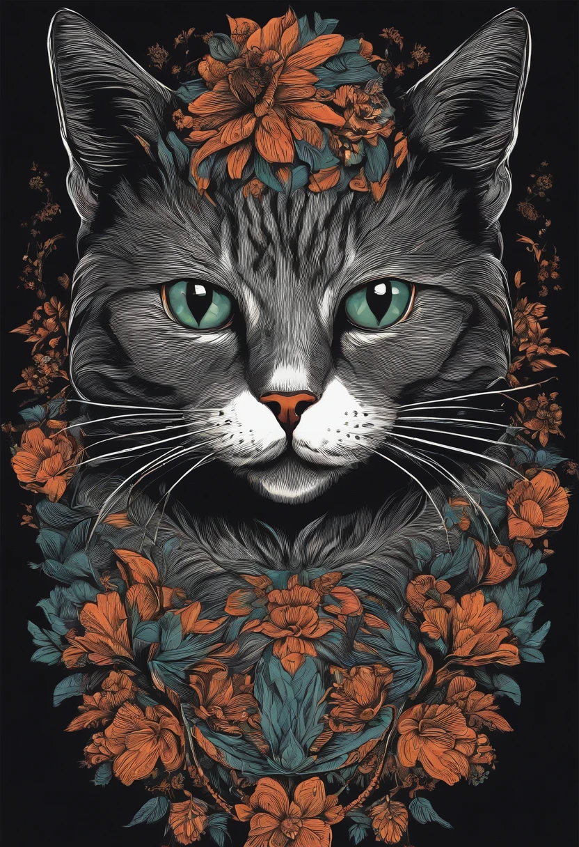 /Imagine Prompt: Cat illustration for a t-shirt with black background, en negrita, bordes dentados, Trashcore, sombreado claro --v 5.2