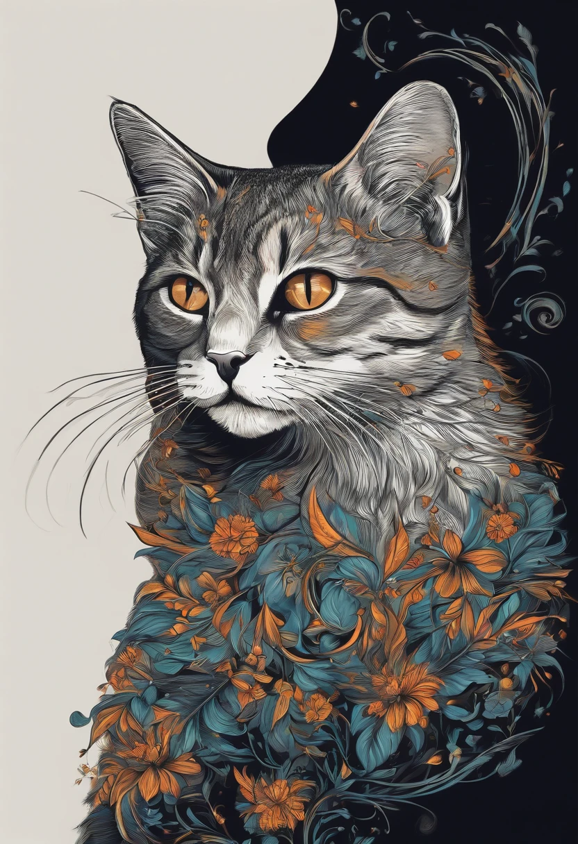 /Imagine Prompt: Cat illustration for a t-shirt with black background, en negrita, bordes dentados, Trashcore, sombreado claro --v 5.2