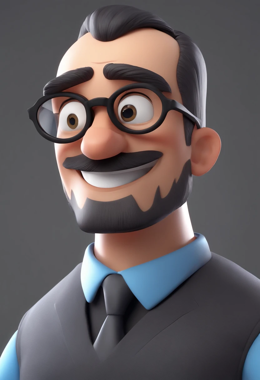 Cartoon character of a man with blue glasses, cabelos curtos castanhos e levemente grisalhos e uma camisa preta, beard also black and a little gray, Thin face and smile on face animation character, Caractere estilizado, animation style rendering, 3D estilizado, Arnold Maya render, 3 d render stylized, toon render keyshot, Personagem 3D, Personagem 3D, 3d rendering stylized, 3 d character render, personagem de desenho animado, Personagem de close up, Pose de personagem,  (Estilo Pixar) (master part:1.2) (Bokeh) (best quality) (pele detalhada) (textura detalhada) (8k) (argila) (Cinematic lighting) (foco nítido