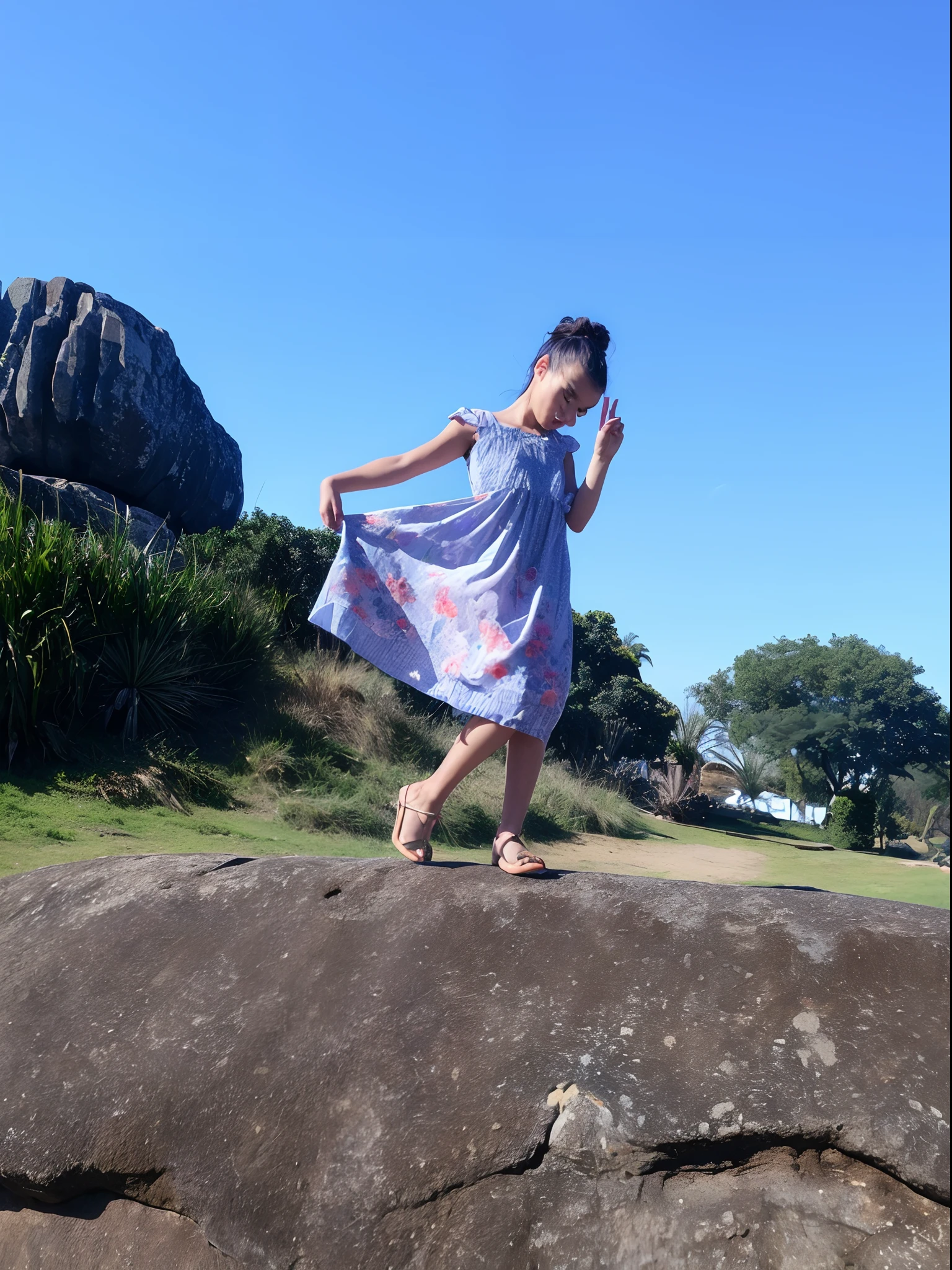 There's a young woman standing on a rock in a dress, standing on boulder, Standing on a rock, standing on rock, fazendo uma pose majestosa, em um dia ensolarado, Tomado com Sony Alpha 9, flowy hair standing on a rock, pose divertida, girl dancing on cliff, Tomada com Canon 8 0 D, fazendo uma pose elegante, Pose completa