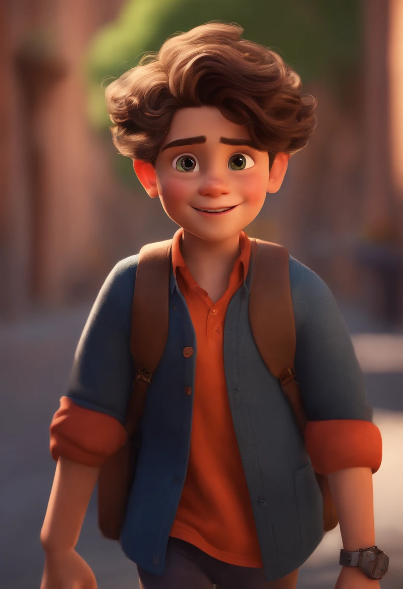 Image of a boy for a story in a YouTube video in Pixar format, He's the little allabester, He's the class leader, He's outgoing, Playful and gets up for a lot of things, cabelo curto