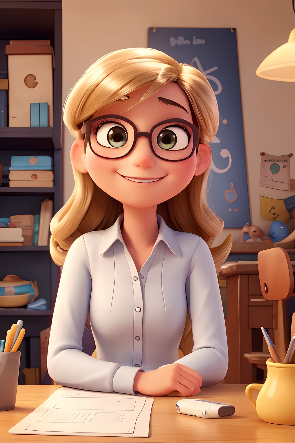 A poster of a Pixar Disney movie with black hair and straight and long,,sorridente, she's white, wears black glasses, square glasses, Got a cell phone in your hands, Estilo Pixar, ela tem 30 anos, cabelos pretos lisos e longos, com destaques dourados, In front of a set that's a studio, In the background is a bookcase with shelves that have colorful mugs, esprema garrafas, Almofadas, Sacos, baby, She's sitting in a chair behind the desk, On the table there are colored papers, canetas, a sewing machine, uma caneca, um caderno, um saco colorido, uma garrafa de squeeze, she's looking forward, sorridente, she is very beautiful, Wearing a white shirt and jeans, She's sitting in a chair behind the desk, Disney Pixar 3D style Movie Style - Pixar 3D Movie Style - Any other variations, Consistent character, with multiple scenes