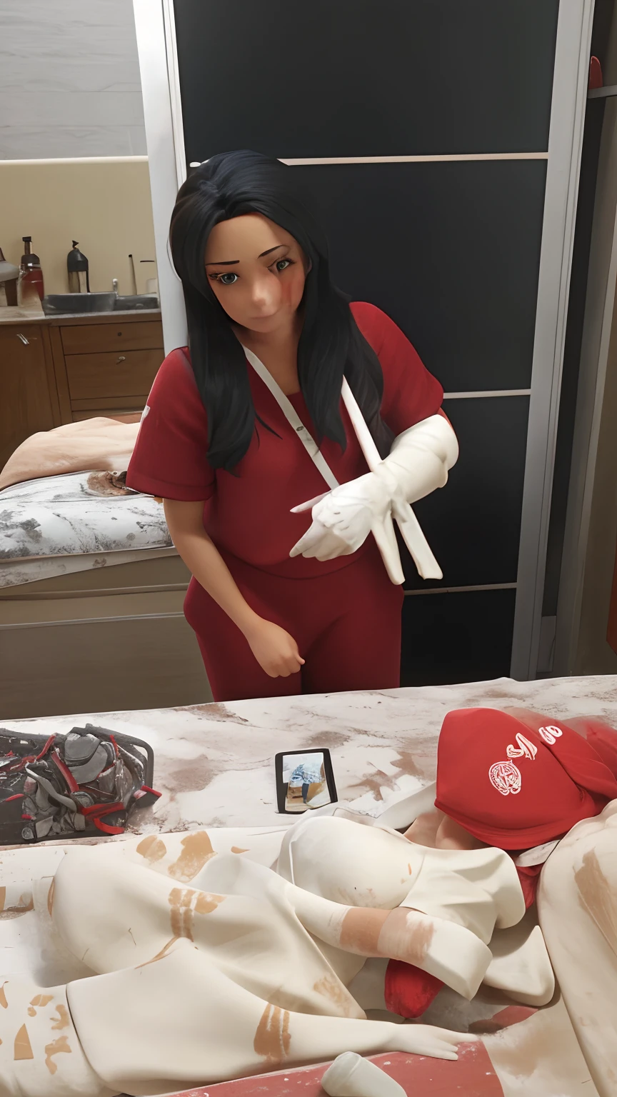 Mulher de cabelos pretos, with red clothes and arm broken with plaster cast
