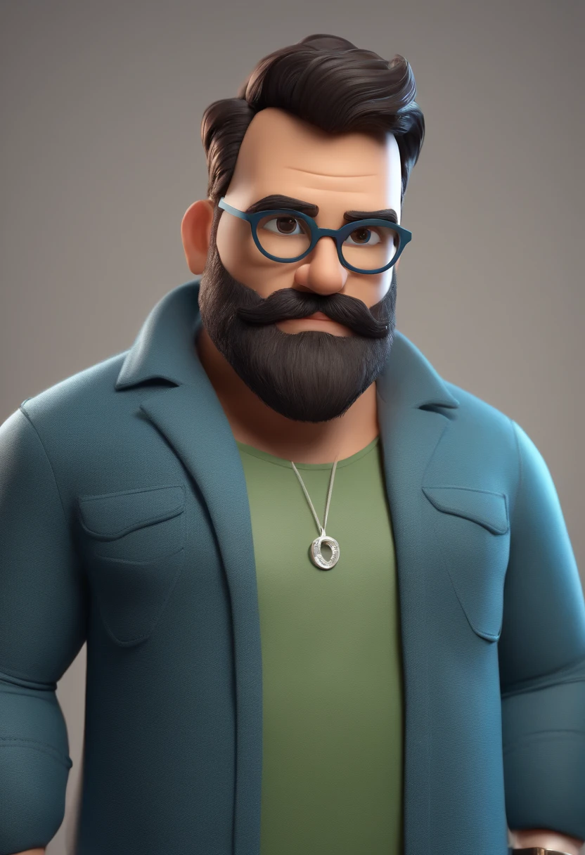 Personagem de desenho animado de um homem, acima do peso, Wearing a short beard with green glasses, e uma camisa Azul escuro, animation character, Caractere estilizado, animation style rendering, 3D estilizado, Arnold Maya render, 3 d render stylized, toon render keyshot, Personagem 3D, Personagem 3D, 3d rendering stylized, 3 d character render, personagem de desenho animado, Personagem de close up, Pose de personagem,  (Estilo Pixar) (master part:1.2) (Bokeh) (best quality) (pele detalhada) (textura detalhada) (8k) (argila) (Cinematic lighting) (foco nítido