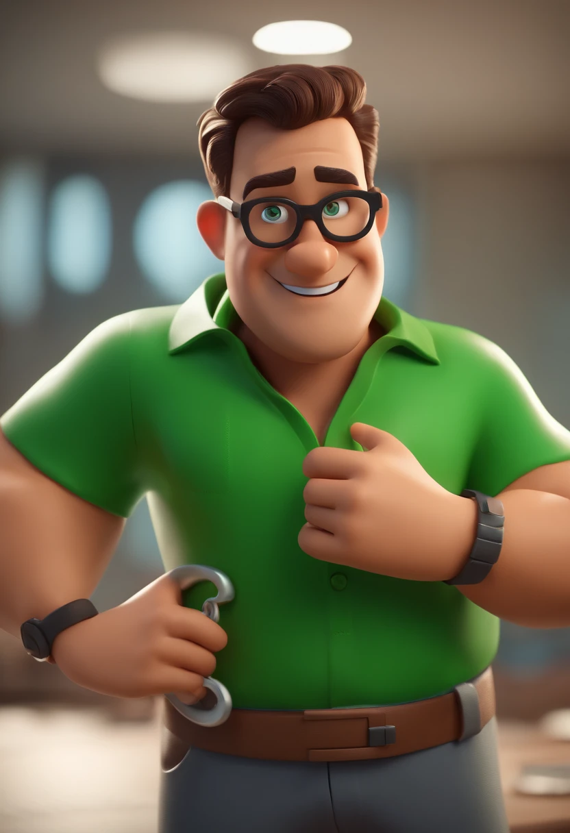 Personagem de desenho animado de um homem, acima do peso, Wearing a short beard with green glasses, e uma camisa Azul escuro, animation character, Caractere estilizado, animation style rendering, 3D estilizado, Arnold Maya render, 3 d render stylized, toon render keyshot, Personagem 3D, Personagem 3D, 3d rendering stylized, 3 d character render, personagem de desenho animado, Personagem de close up, Pose de personagem, (Estilo Pixar) (master part:1.2) (Bokeh) (best quality) (pele detalhada) (textura detalhada) (8k) (argila) (Cinematic lighting) (foco nítido