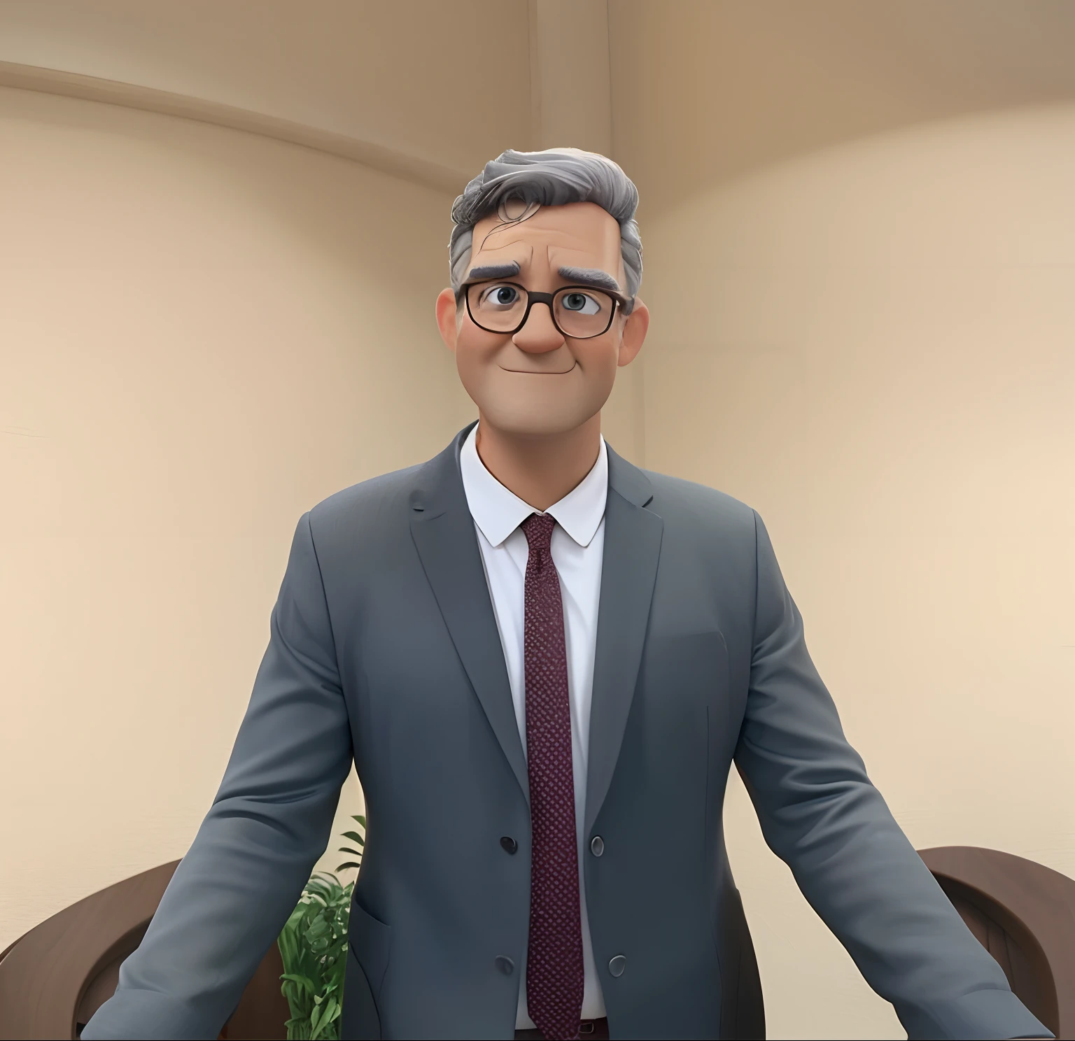 Jovem, inspirado na Disney Pixar, Inspirado pelo pastor ( Rubens Janeiro ) A gray-haired man wearing glasses in an office with a book on the table looking to the serious future, old man, cabelos grisalhos, um terno