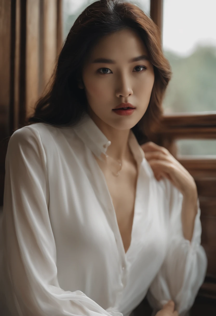 Close-up de uma mulher em uma blusa branca sentada em uma cadeira, linda mulher coreana jovem, white clothes are very transparent, mamas e pode ser visto