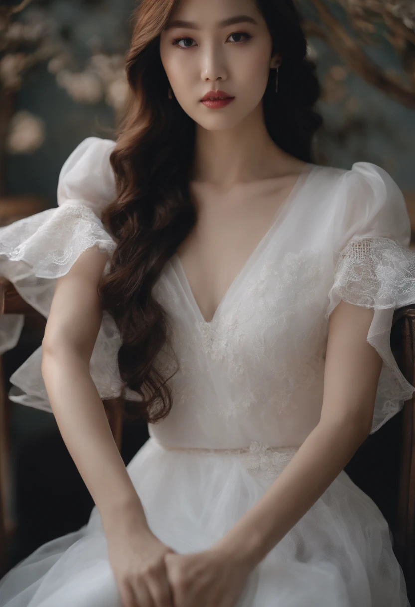 Close-up de uma mulher em uma blusa branca sentada em uma cadeira, linda mulher coreana jovem, white clothes are very transparent, mamas e pode ser visto