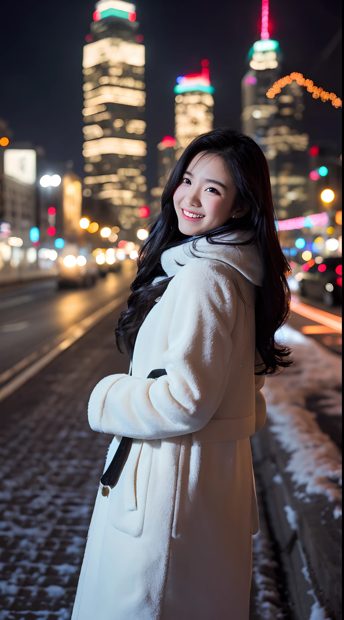 Meaning: On Christmas Night, A snow-covered white landscape spreads out. The illuminated cityscape looks beautiful, As the snow dances gracefully. ina, A young woman with long black hair is standing in a long coat. Unfazed by the cold wind, Look around with a warm smile. In her hand, She has a nice gift, I can't wait to give it to my loved ones.