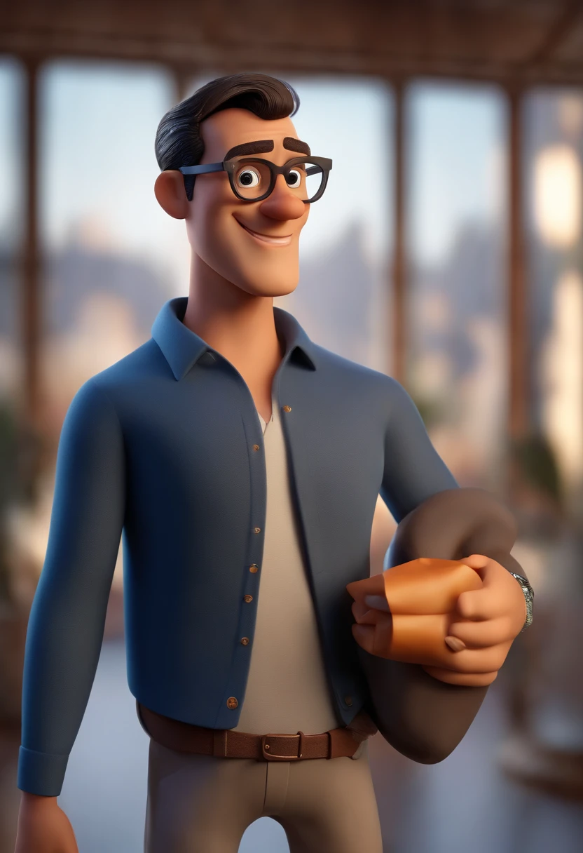 Cartoon character of a man wearing black glasses and a blue shirt, um personagem animado, Caractere estilizado, animation style rendering, 3D estilizado, Arnold Maya render, 3 d render stylized, toon render keyshot, Personagem 3D, Personagem 3D, 3d rendering stylized, 3 d character render, personagem de desenho animado, Personagem de close up, Pose de personagem, (Estilo Pixar) (master part:1.2) (Bokeh) (best quality) (pele detalhada) (textura detalhada) (8k) (argila) (Cinematic lighting) (foco nítido,Senta e vaza a parte superior do corpo