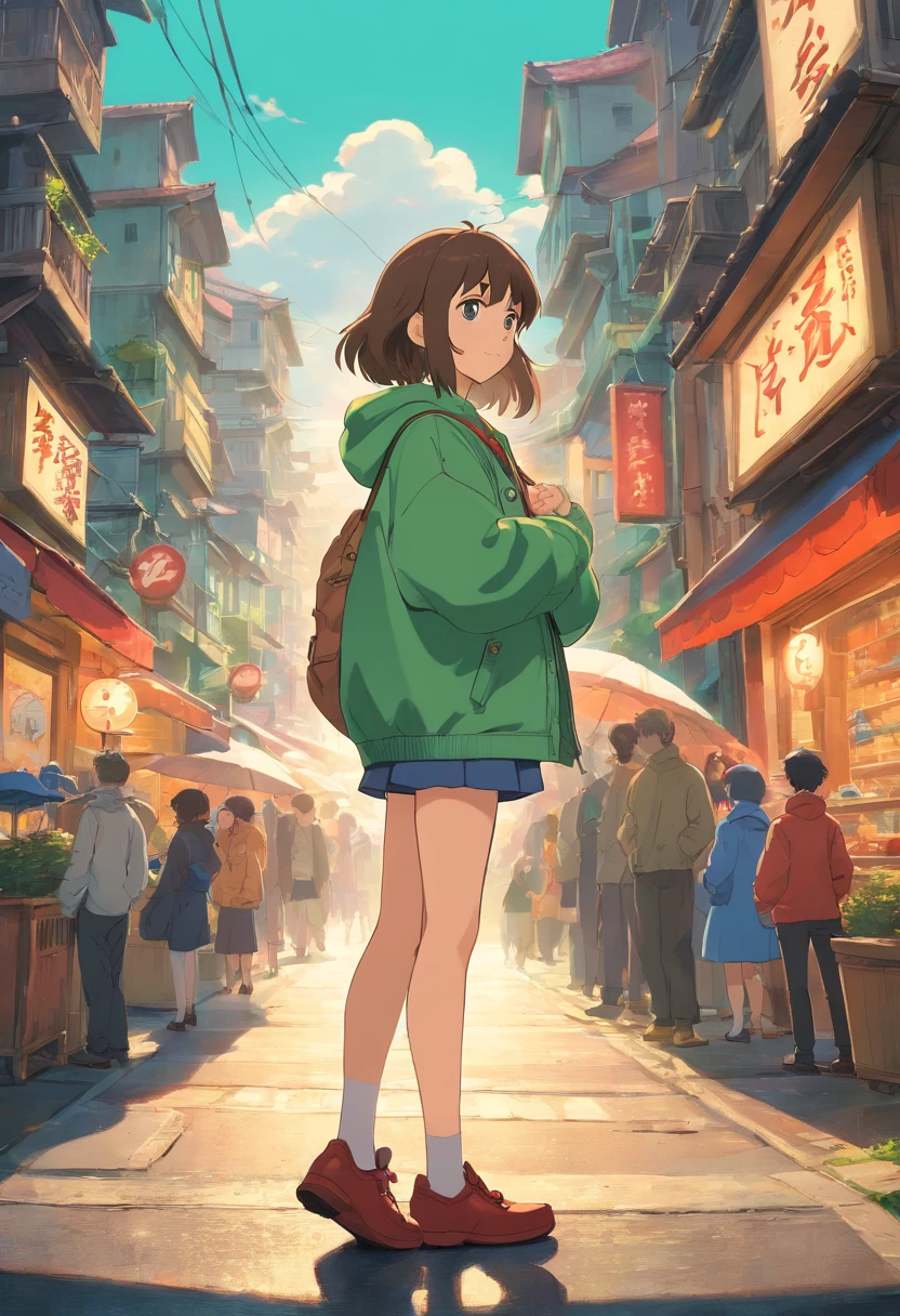 anime girl in green jacket standing in a crowded city street, anime style 4 k, inspired by Liam Wong, best anime 4k konachan wallpaper, anime art wallpaper 8 k, anime moe artstyle, anime art wallpaper 4 k, anime art wallpaper 4k, ilya kuvshinov. 4 k, anime style. 8k, atey ghailan 8 k