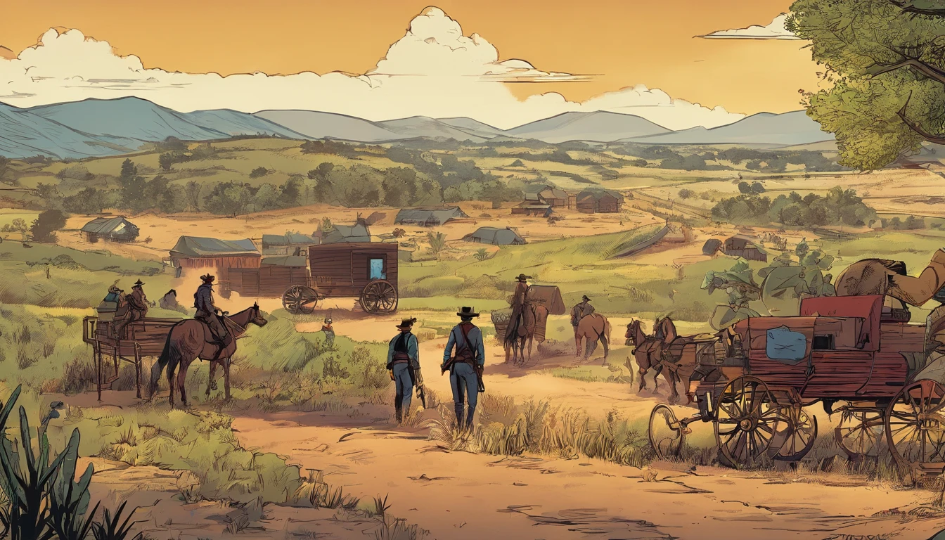 《red dead redemption 2》Foto de corpo inteiro do Tenente-Sargento Curtis Malloy, retrato detalhado, vintage illustration, alta resolução, cores realistas, desenho intrincado, Textura de papel envelhecida, cores vibrantes, dramatic lighting, tiro de corpo inteiro, Boné de Nevada, Just mustache, Todo o corpo, from feet to top;. Antecedentes de cidades no leste dos Estados Unidos em 1899, There are grasses and trees,em uma pequena cidade