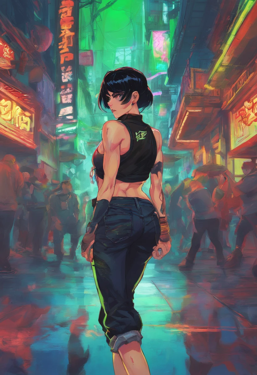 1girl, (masterpiece), black hair, short hair, green eyes, Black Cropped, short jeans, cyberpunk city,