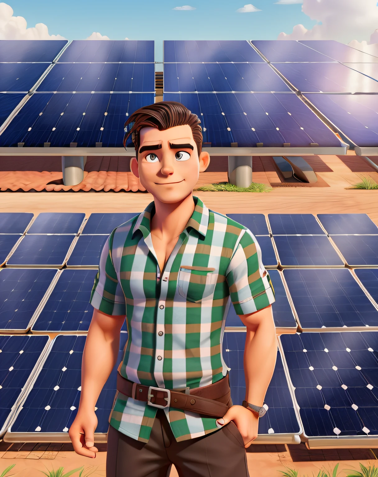 Um homem magro com camisa preta, cavanhaque, Short hair slicked back, mostrando uma placa de energia solar a frente, city with multiple solar panels as background