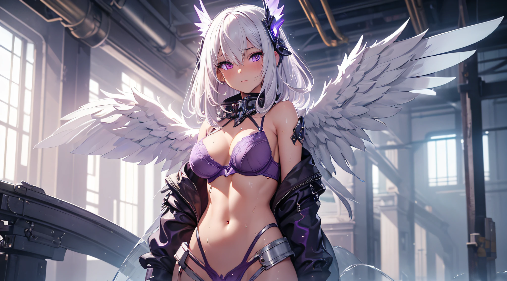 a naked white-haired young girl with mechanical steel angel wings, (purple eyes), hero, blushing, shy, heroic, futuristic, bodymod, hot, sexy, cute, wet, light, small boobs, abs, petite, small chest, 4k, (masterpiece), (metal wings), (best quality), (ultra-detailed), (((bra))), cleavage