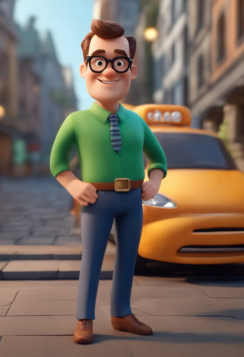 Cartoon character of a man with green glasses and a blue shirt, personagem de um realtor, com barba e acima do peso, animation character, Caractere estilizado, animation style rendering, 3D estilizado, Arnold Maya render, 3 d render stylized, toon render keyshot, Personagem 3D, Personagem 3D, 3d rendering stylized, 3 d character render, personagem de desenho animado, Personagem de close up, Pose de personagem, (Estilo Pixar) (master part:1.2) (Bokeh) (best quality) (pele detalhada) (textura detalhada) (8k) (argila) (Cinematic lighting) (foco nítido