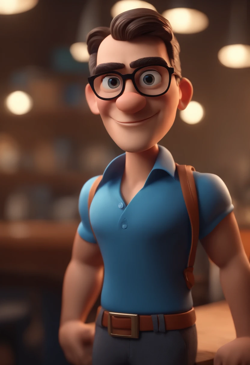 Cartoon character of a man with black glasses and a blue shirt, animation character, Caractere estilizado, animation style rendering, 3D estilizado, Arnold Maya render, 3 d render stylized, toon render keyshot, Personagem 3D, Personagem 3D, 3d rendering stylized, 3 d character render, personagem de desenho animado, Personagem de close up, Pose de personagem,  (Estilo Pixar) (master part:1.2) (Bokeh) (best quality) (pele detalhada) (textura detalhada) (8k) (argila) (Cinematic lighting) (foco nítido